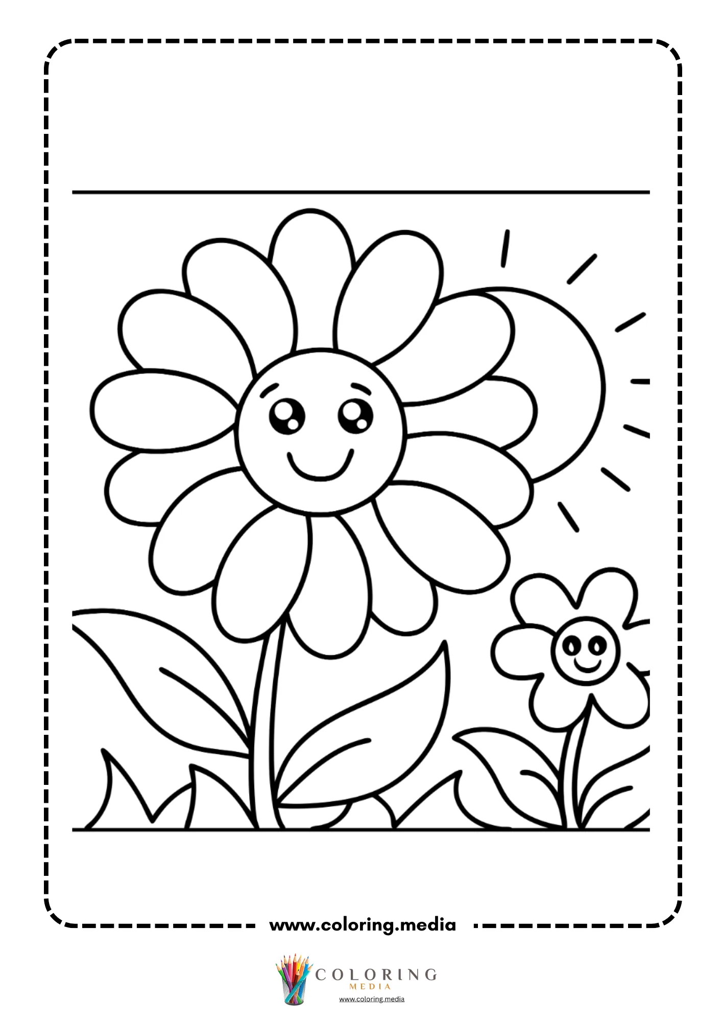 Two smiling daisy flowers with sunshine rays