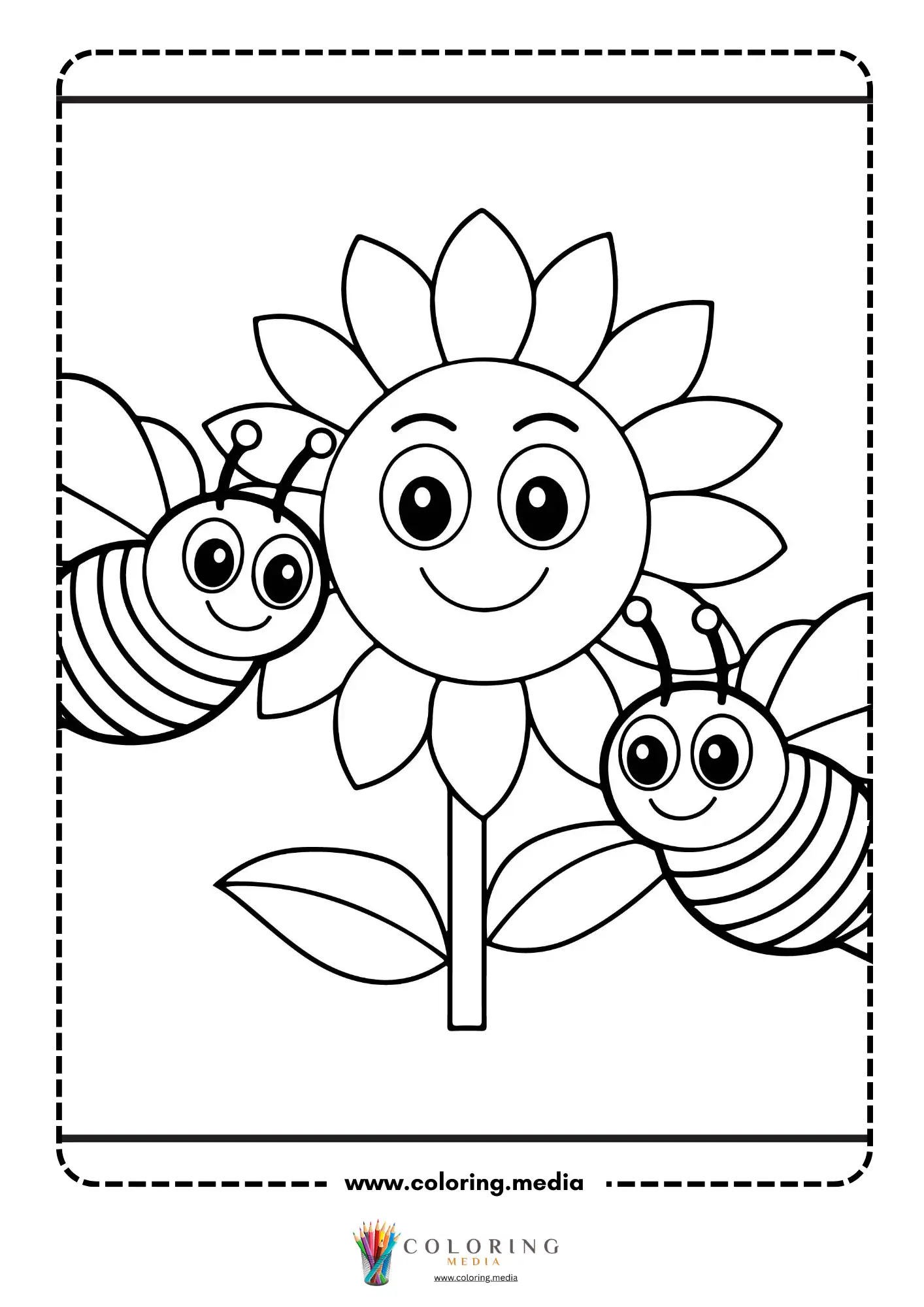 Smiling sunflower with two bees flying beside it