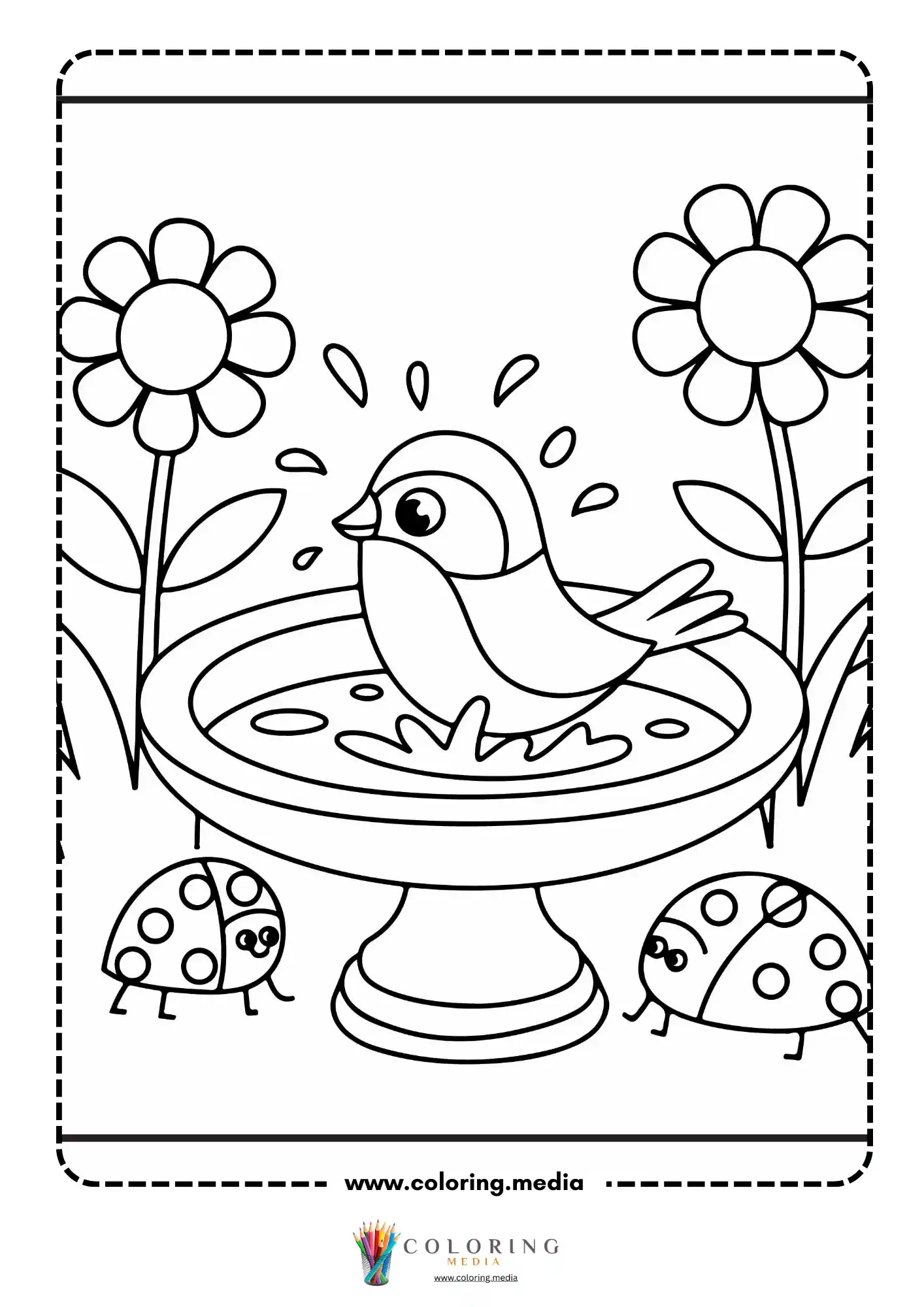 Bird splashing in birdbath with flowers and ladybugs