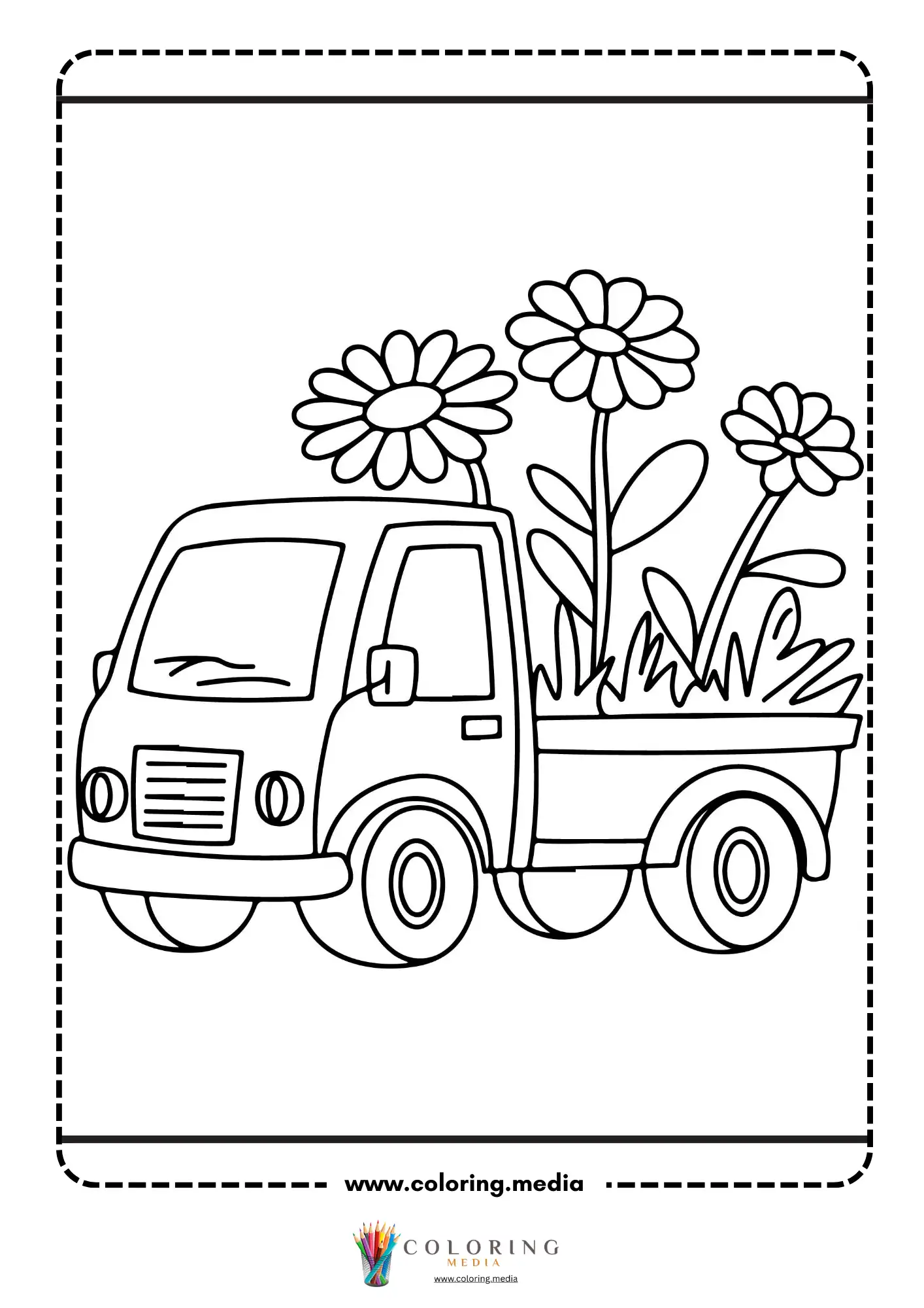 Pickup truck carrying three daisies in its bed