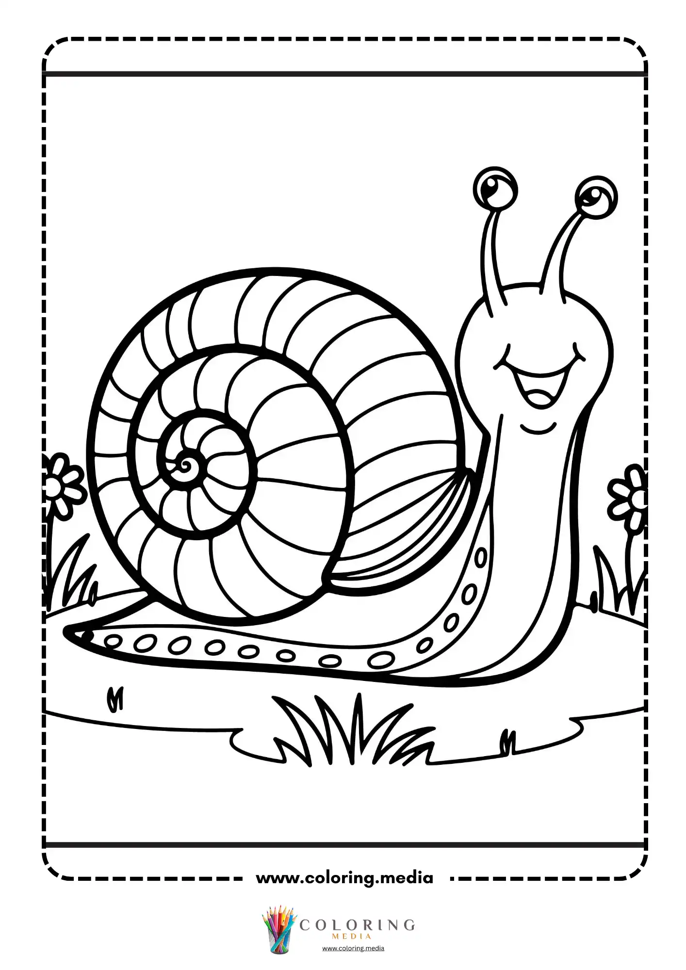 Smiling garden snail with spiral shell near small flowers