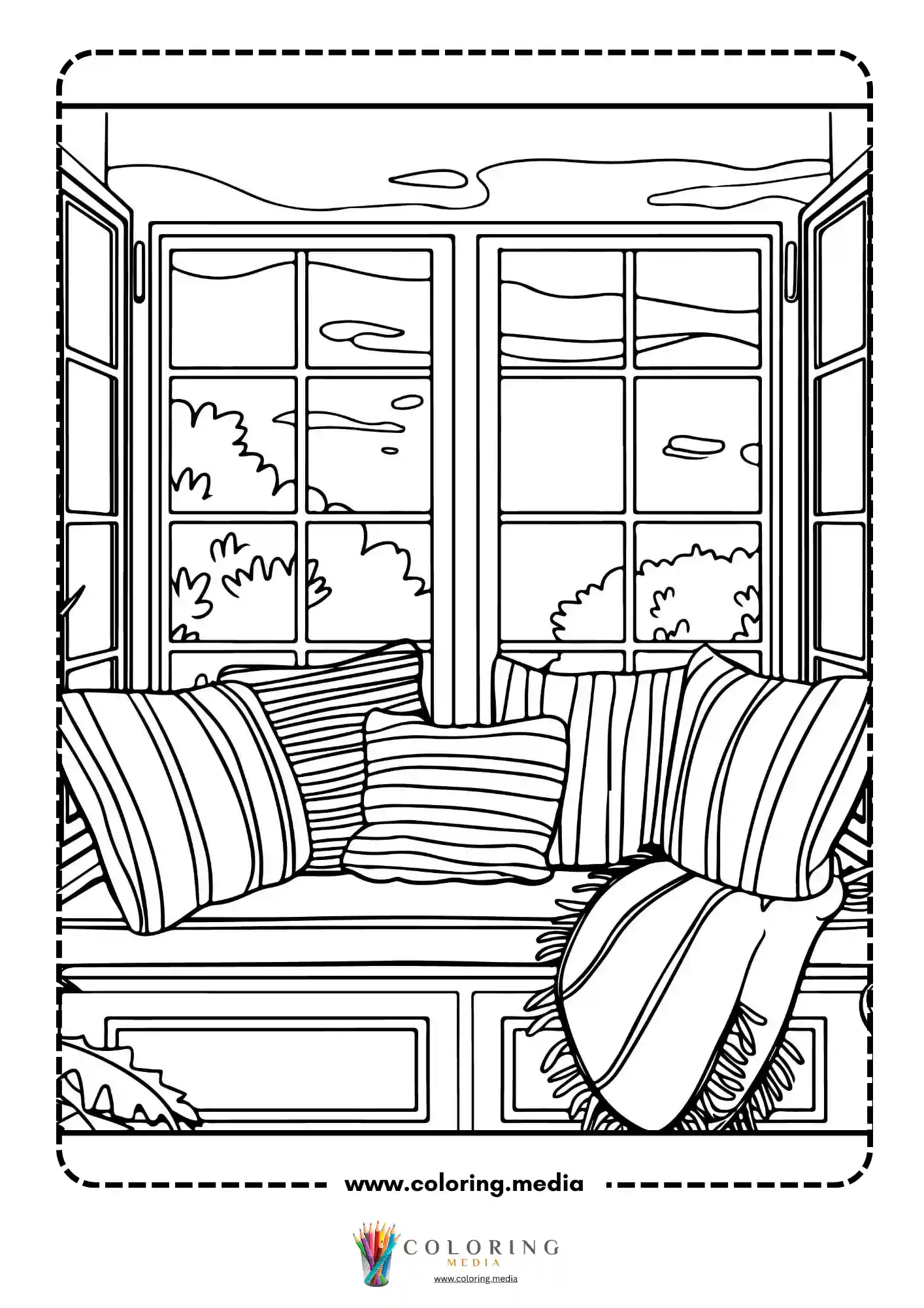 Cozy window seat with striped pillows and throw blanket