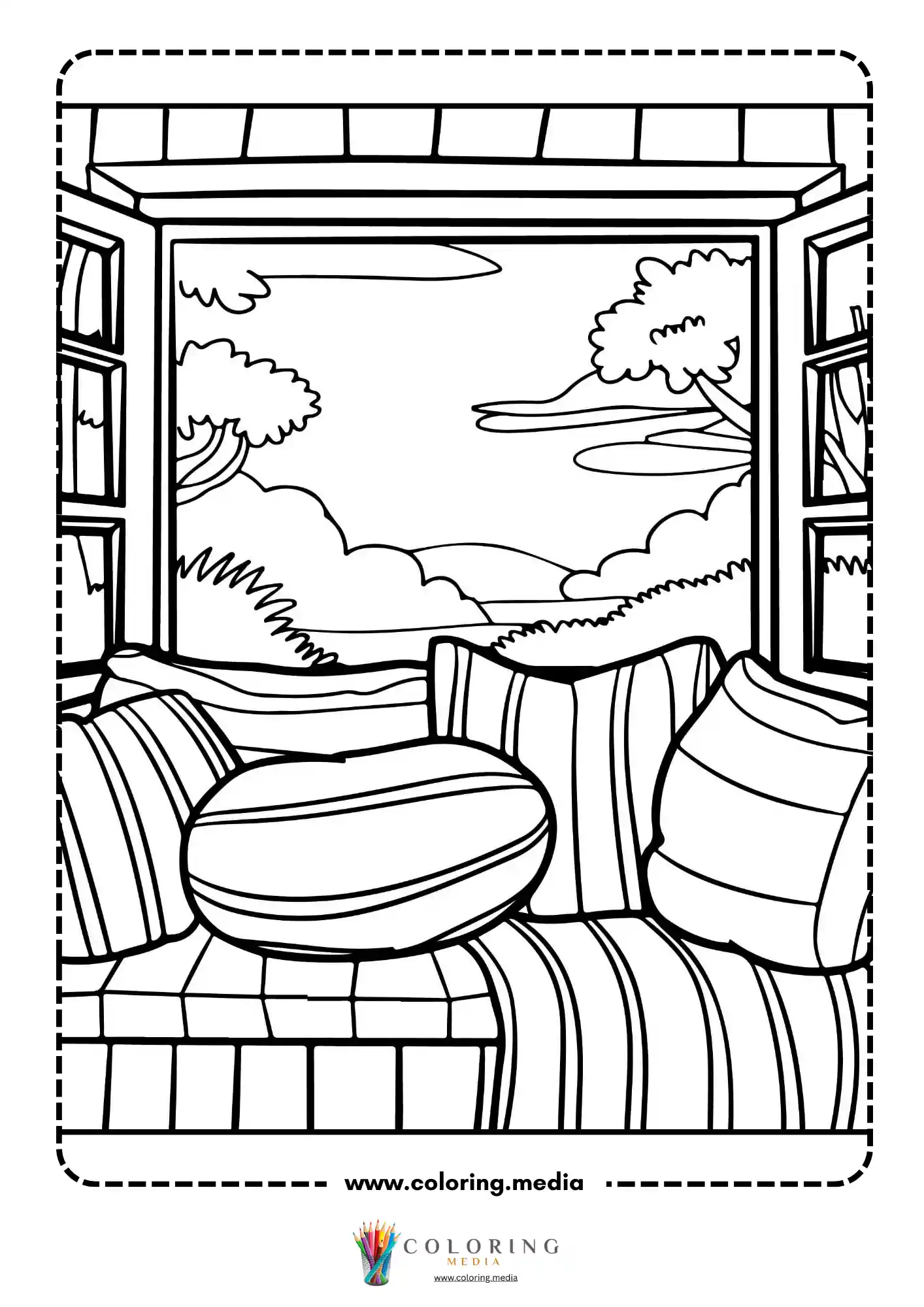 Bay window sofa nook with striped cushions and outdoor view