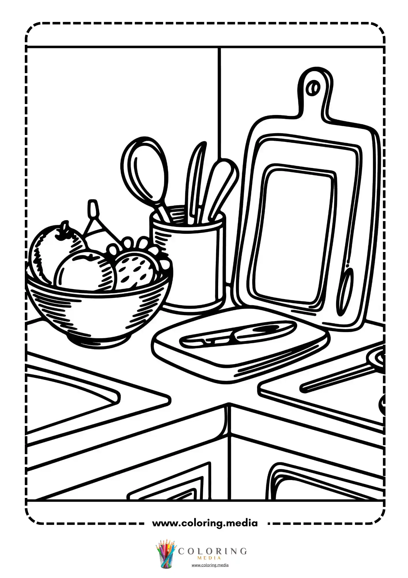 Kitchen corner with fruit bowl utensil holder and cutting boards