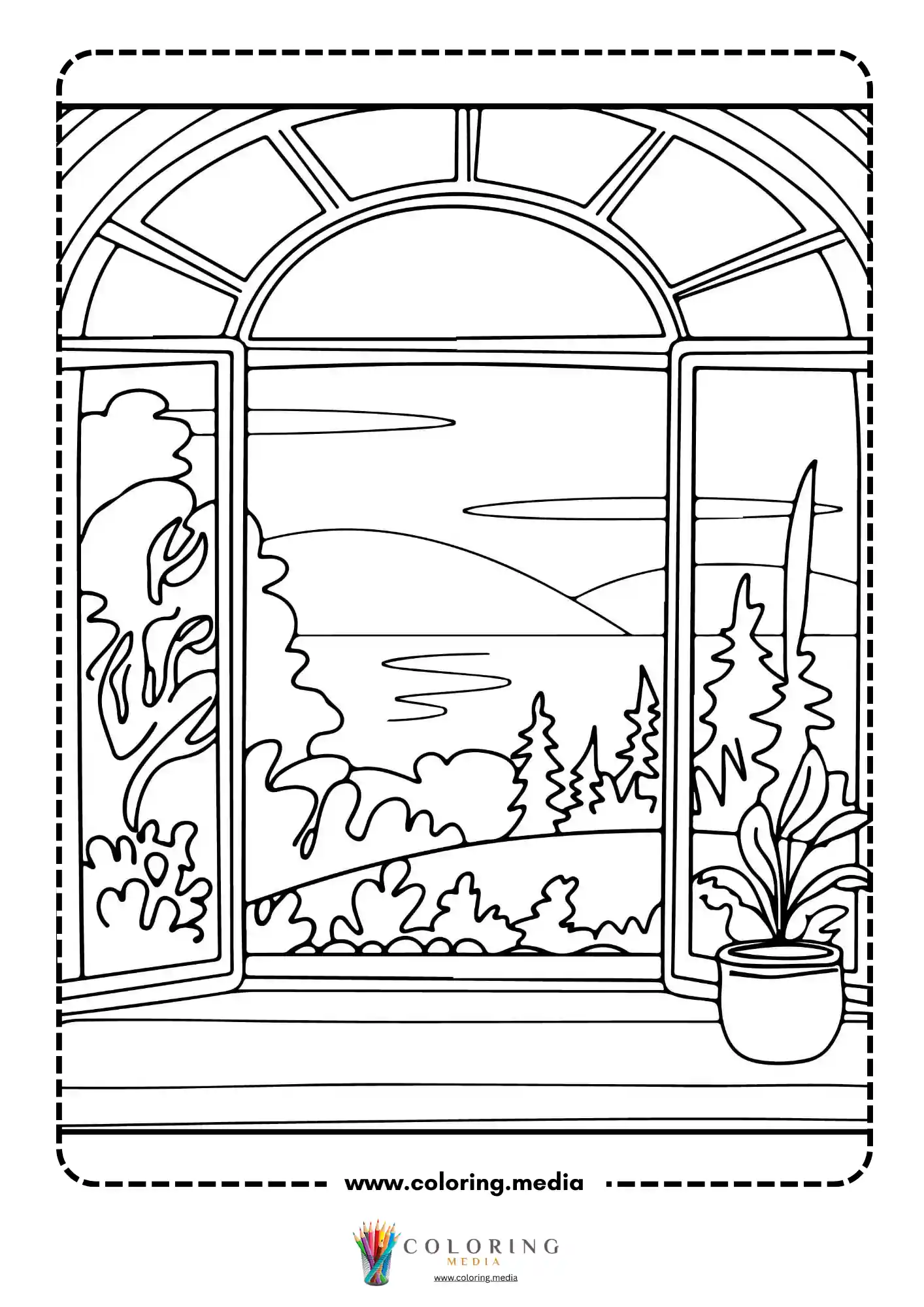 Arched open window with lake view and potted plant on sill