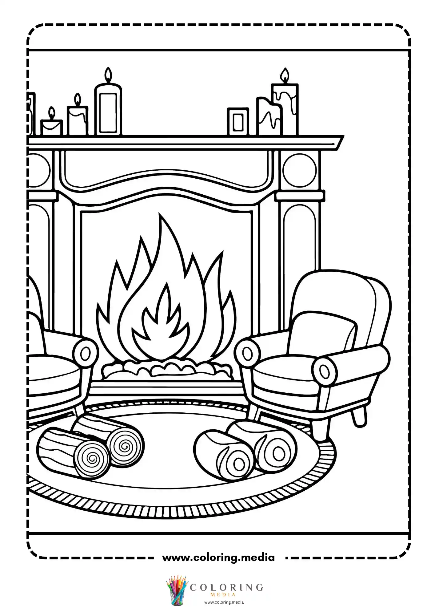Fireplace with candles on mantel armchair and logs on hearth