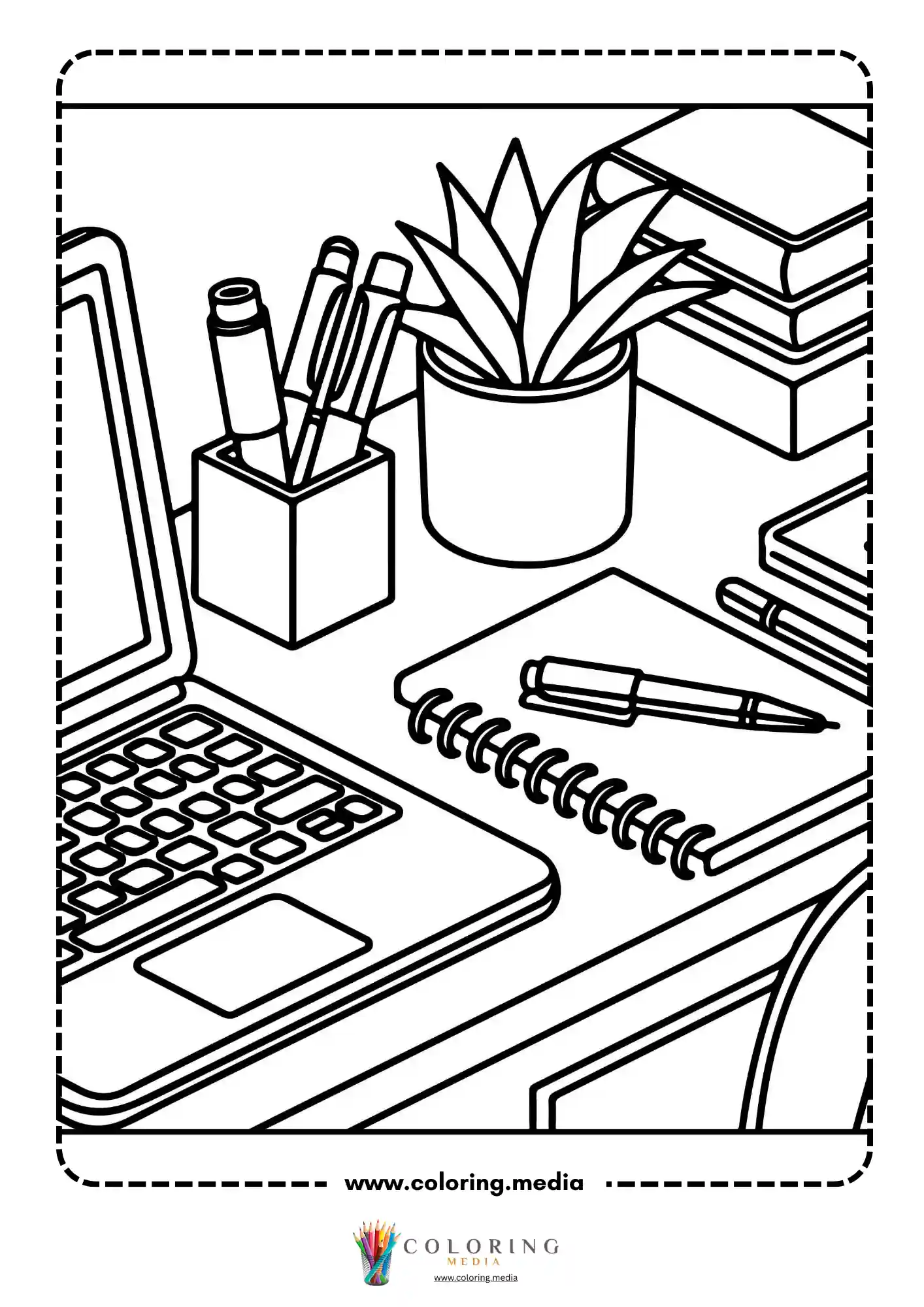 Home office desk with laptop pen holder plant and notebook