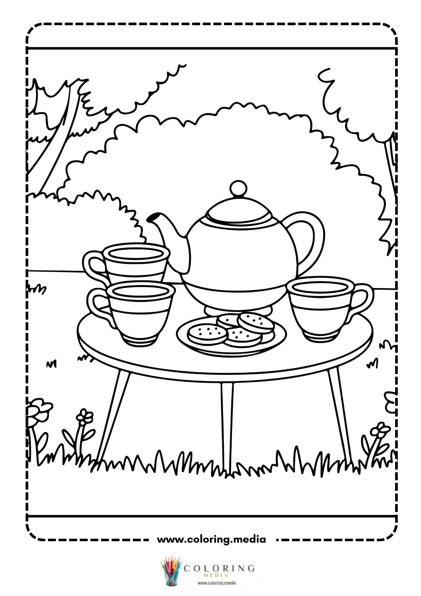 Outdoor garden table with teapot three cups and cookies