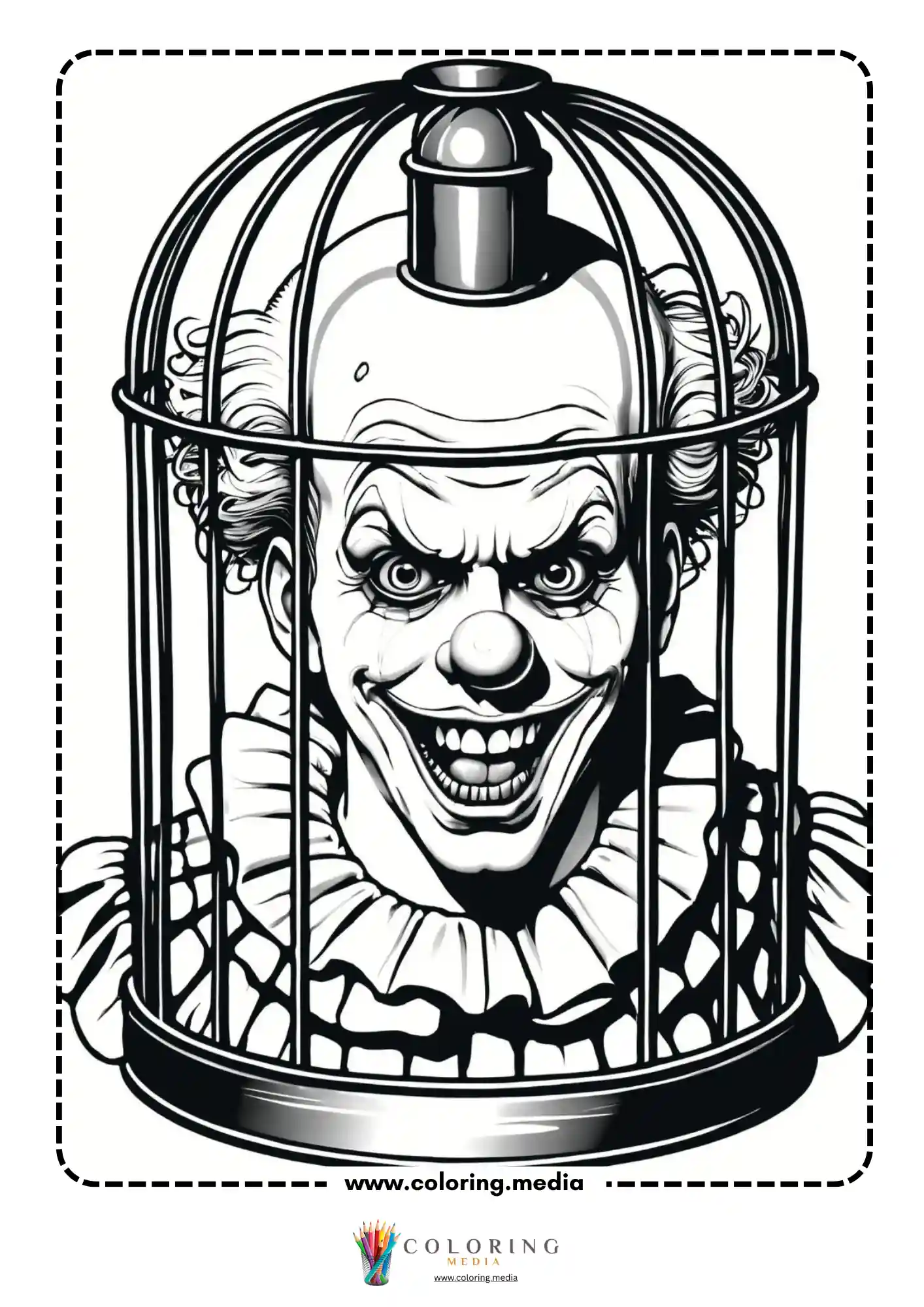 Scary clown face grinning from inside a round birdcage
