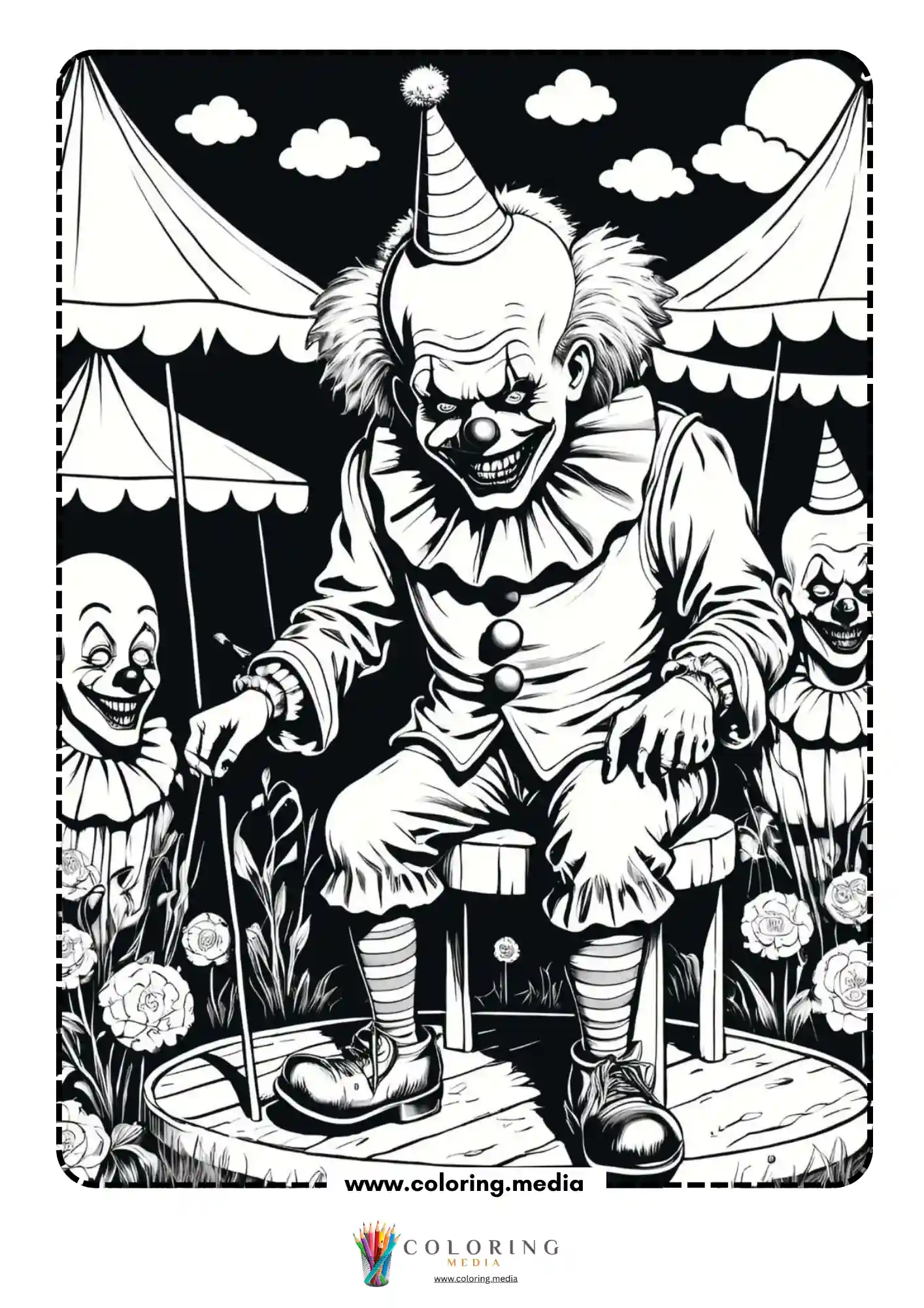 Scary clown in party hat crouching on platform at dark carnival