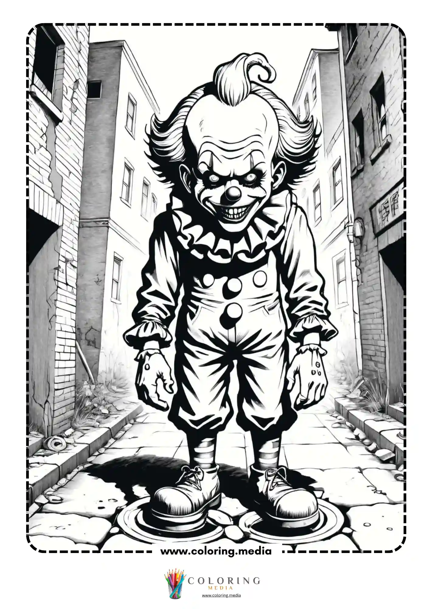 Scary clown in full costume standing in dark city alley