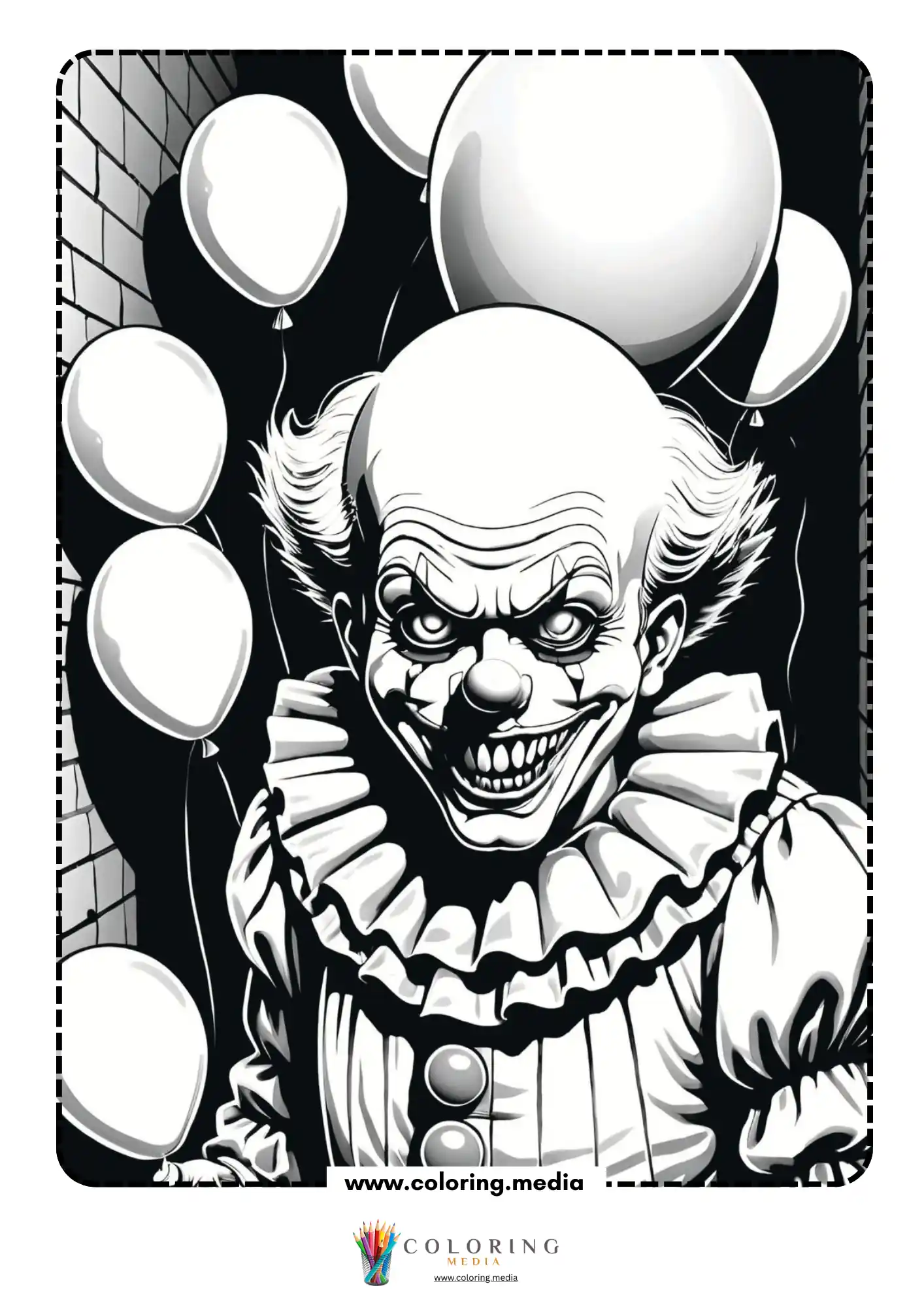 Scary clown leaning forward grinning surrounded by white balloons