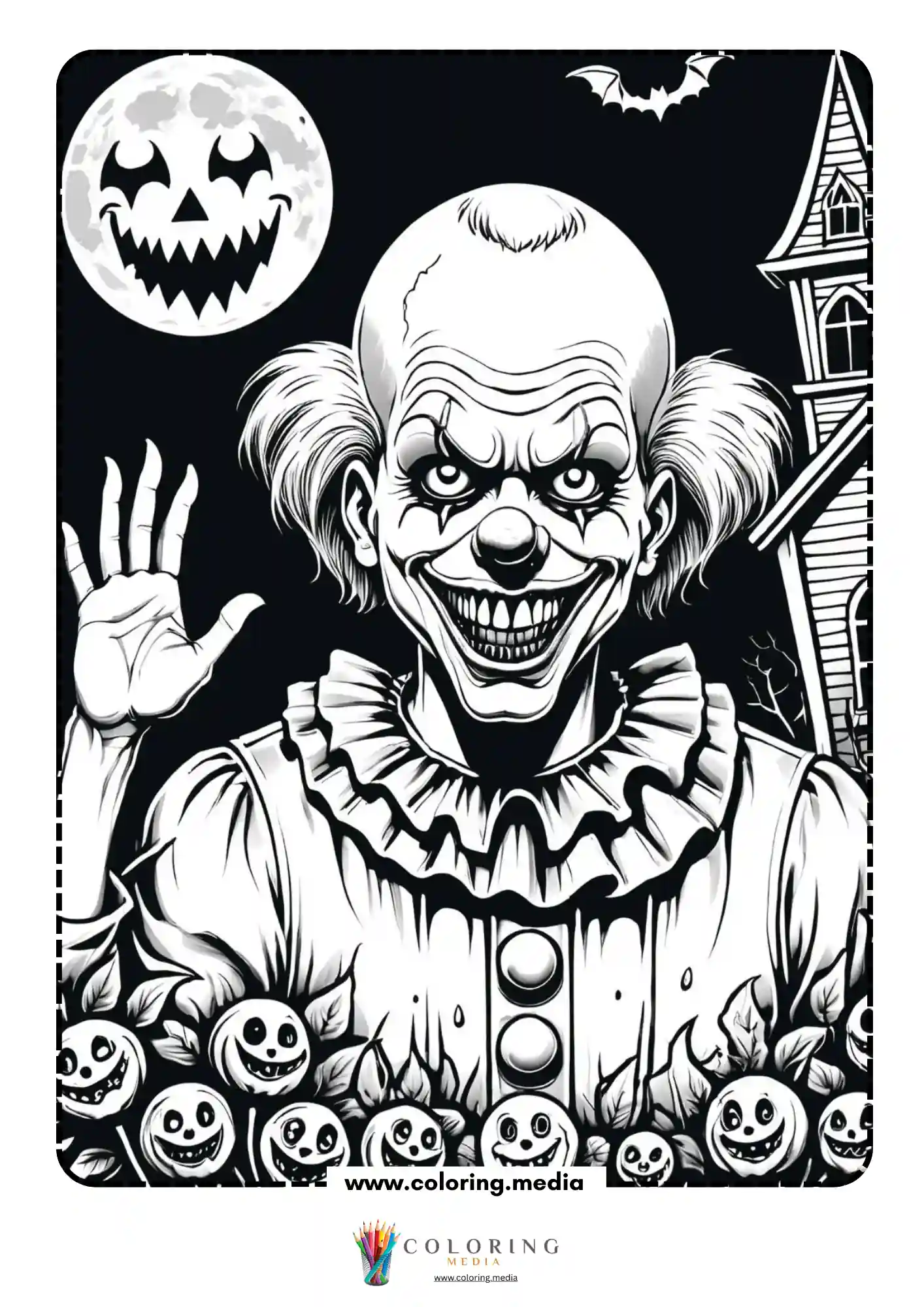 Scary bald clown waving hand before full moon with jack-o-lantern faces below