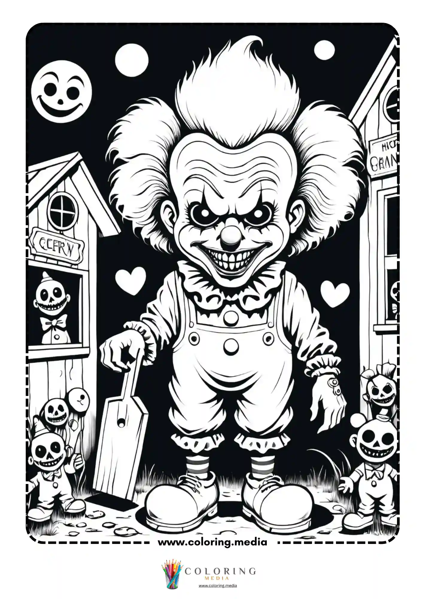 Scary clown in overalls holding shovel before carnival buildings