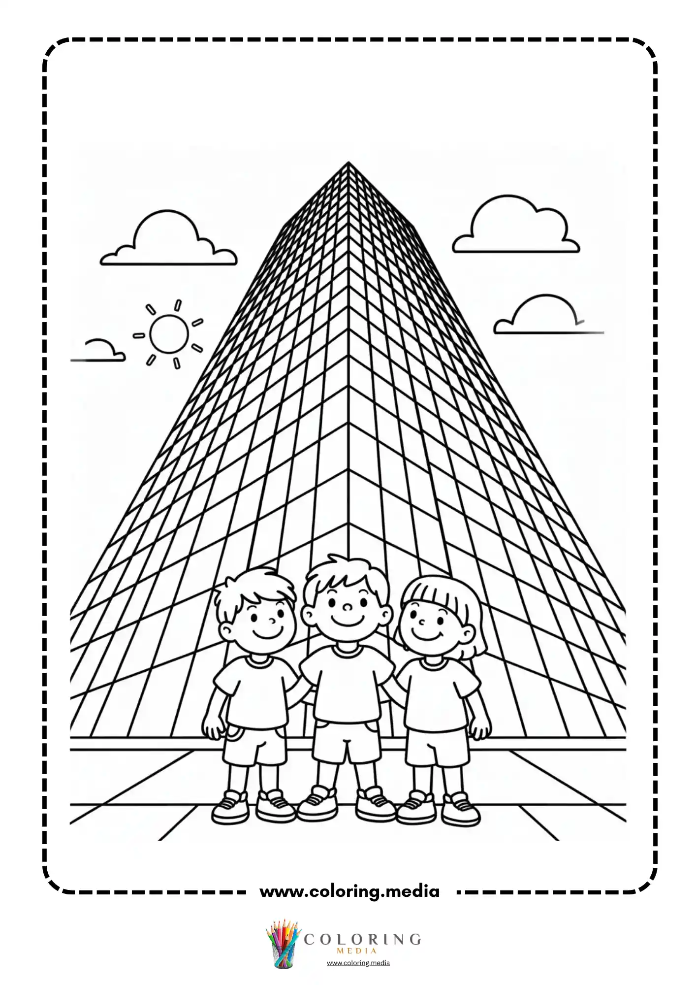 Skyscrapers coloring page with clustered city buildings