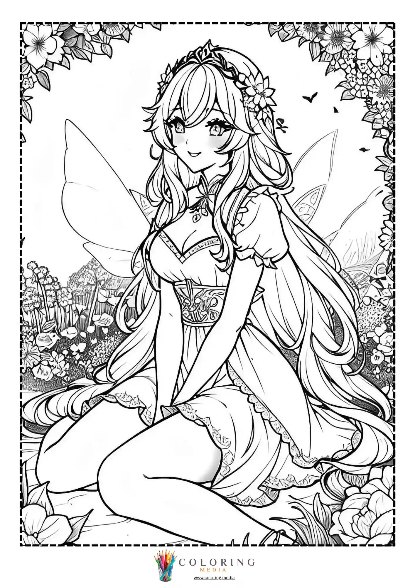 Seated fairy princess in blooming meadow