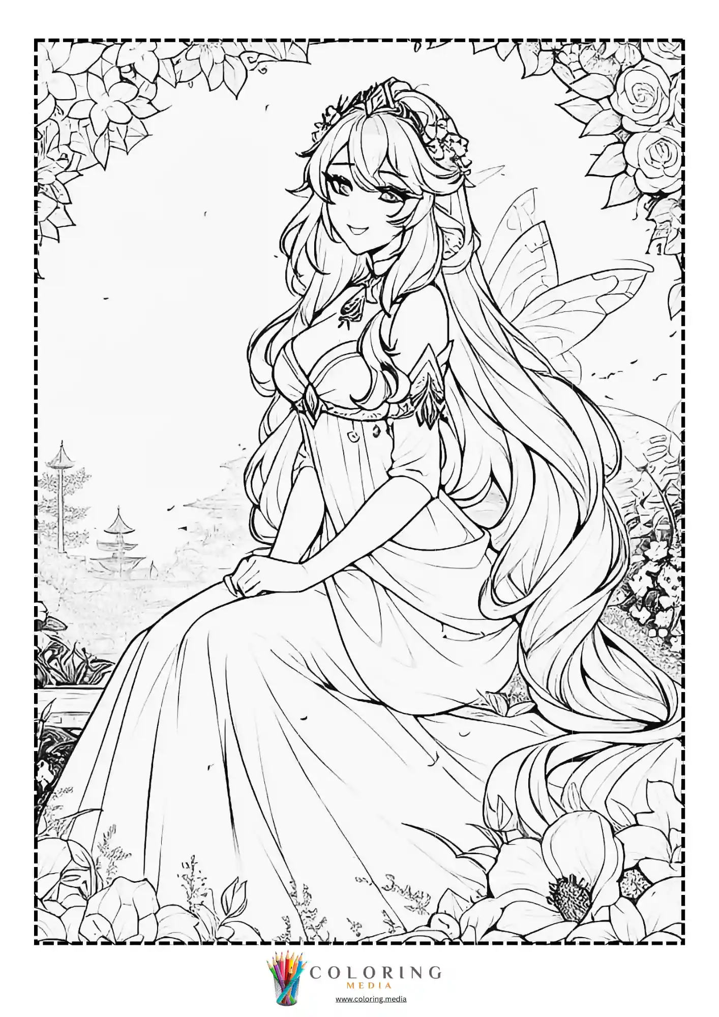 Seated fairy princess in floral garden