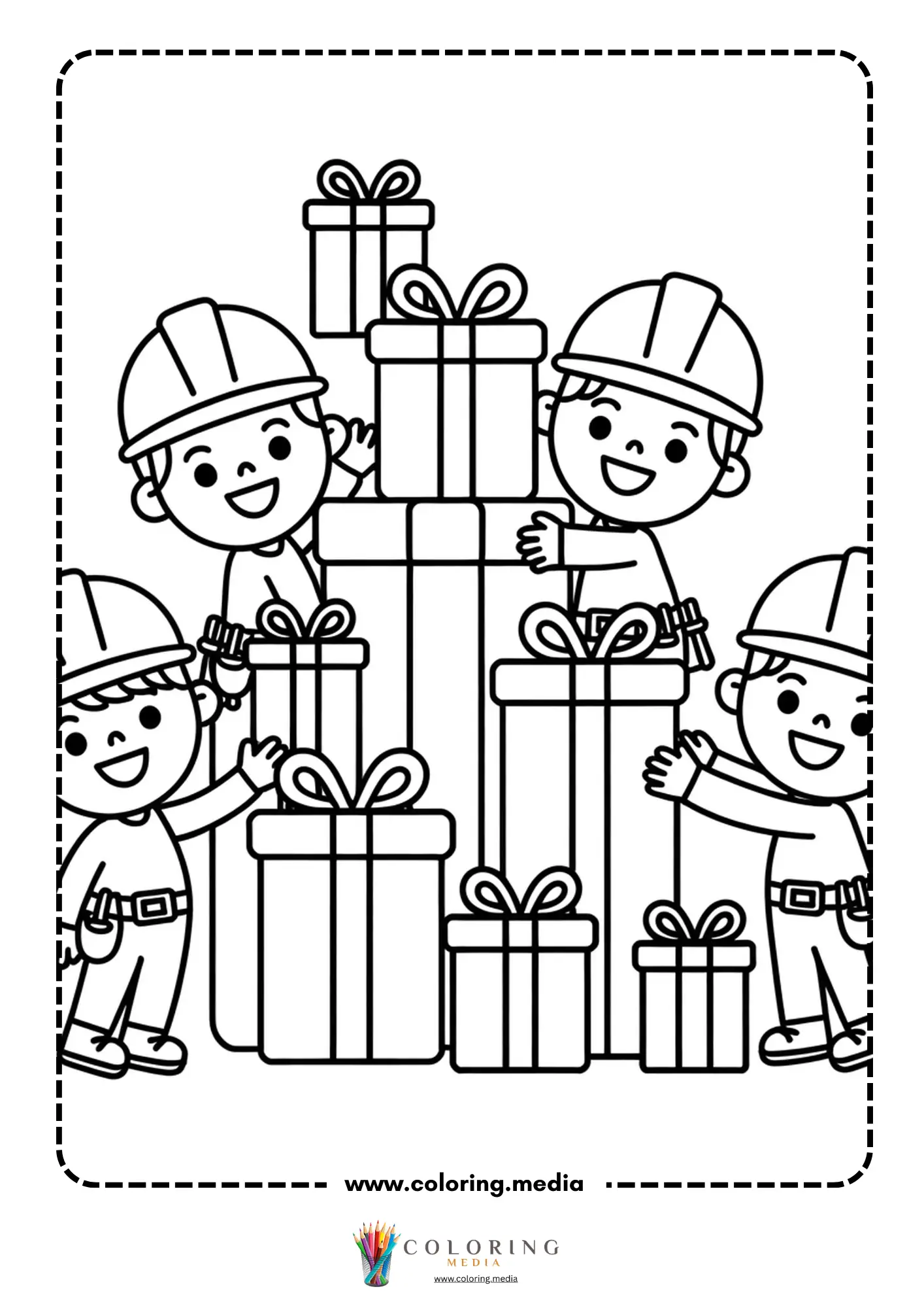 Construction workers stacking presents