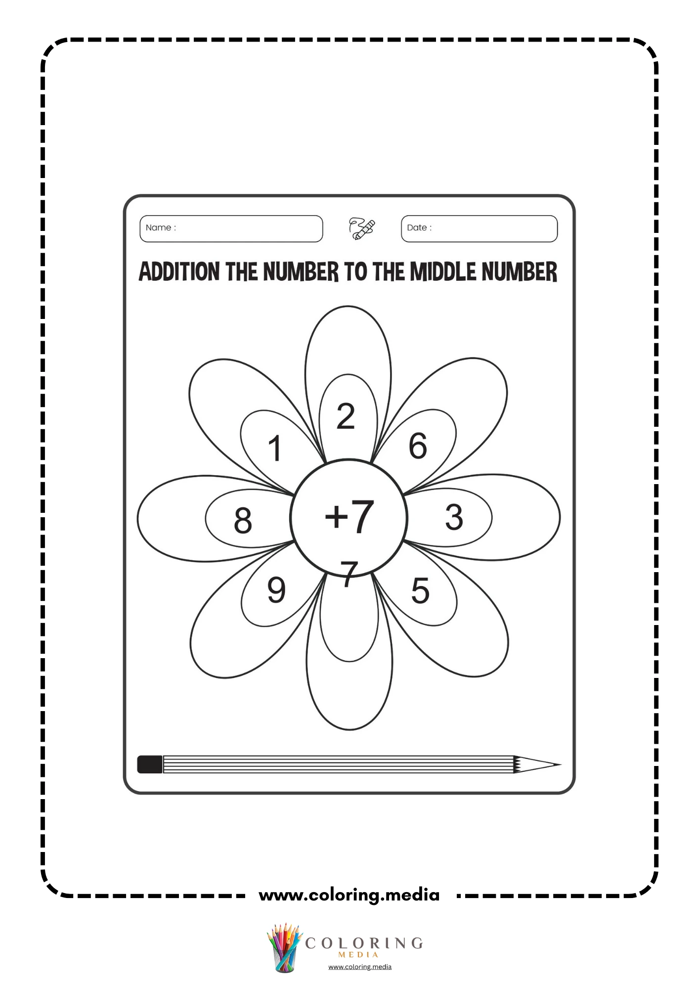 Addition flower worksheet page 6 with plus 7