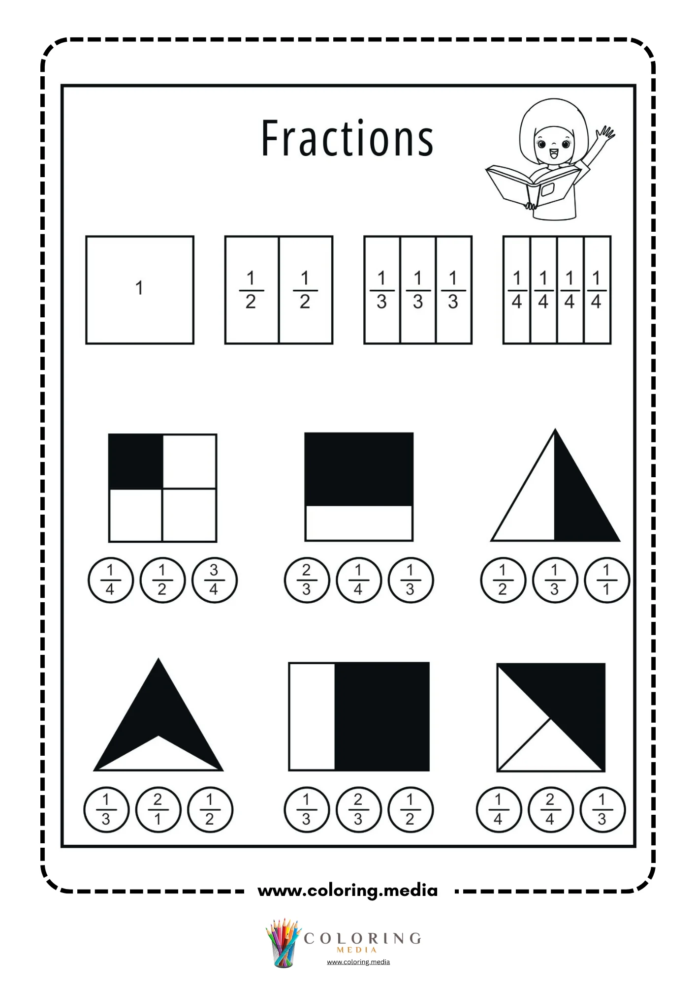 Fraction matching worksheet with shaded shapes and fraction choices