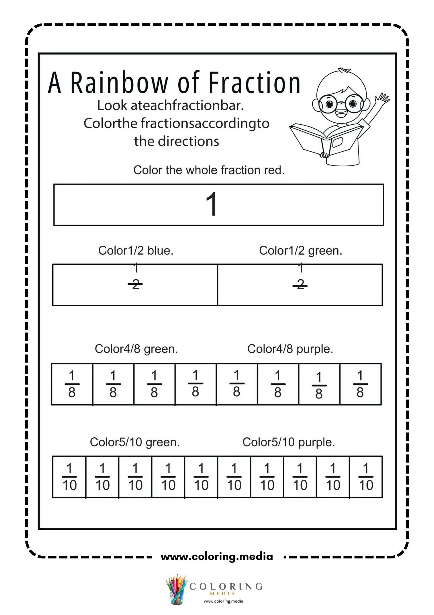 Rainbow fraction bar coloring worksheet with whole, halves, eighths, and tenths