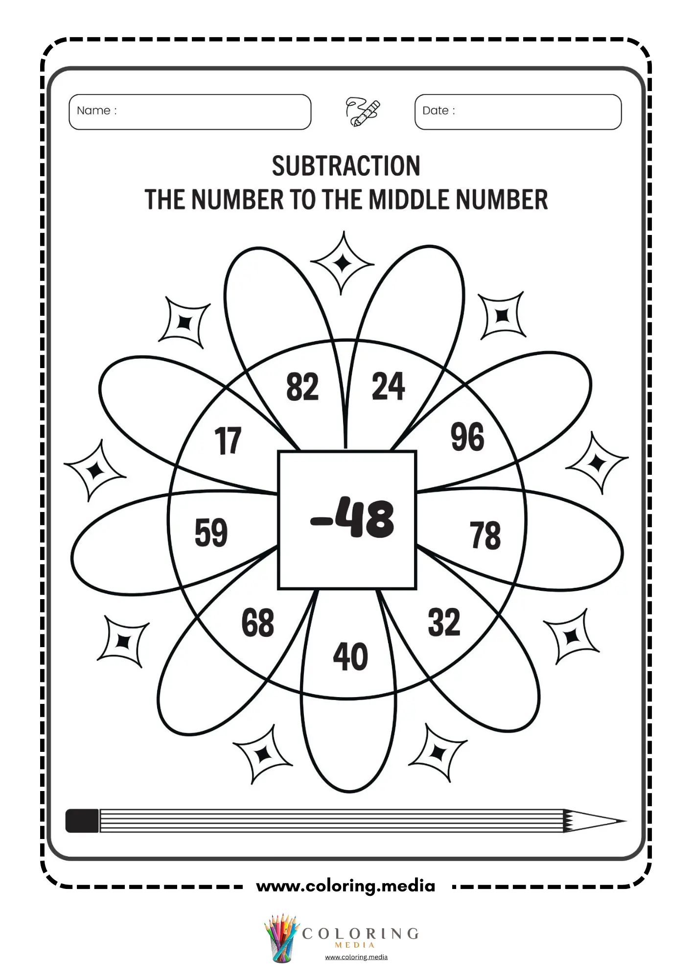 Subtraction flower worksheet with middle number 48