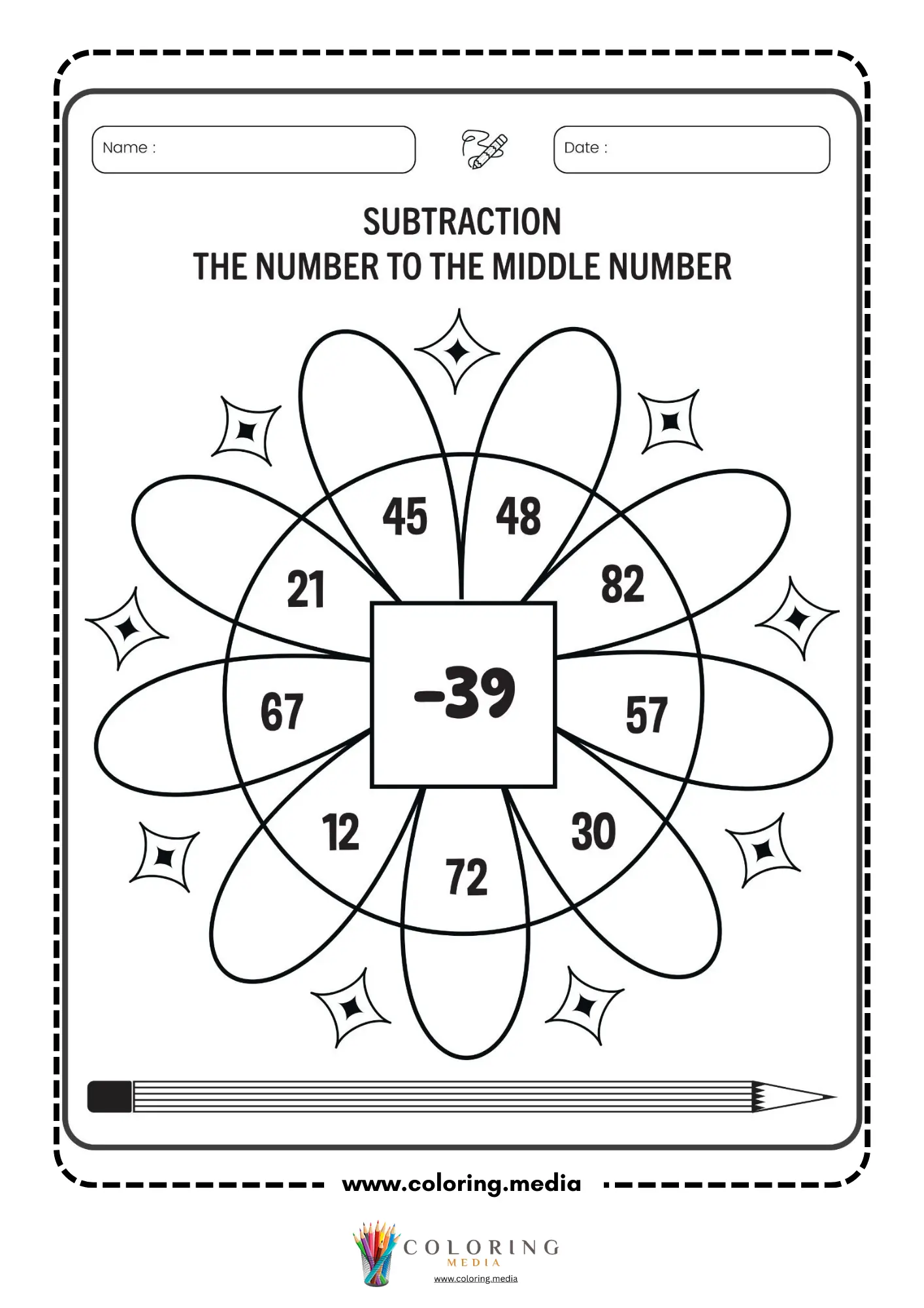 Subtraction flower worksheet with middle number 39