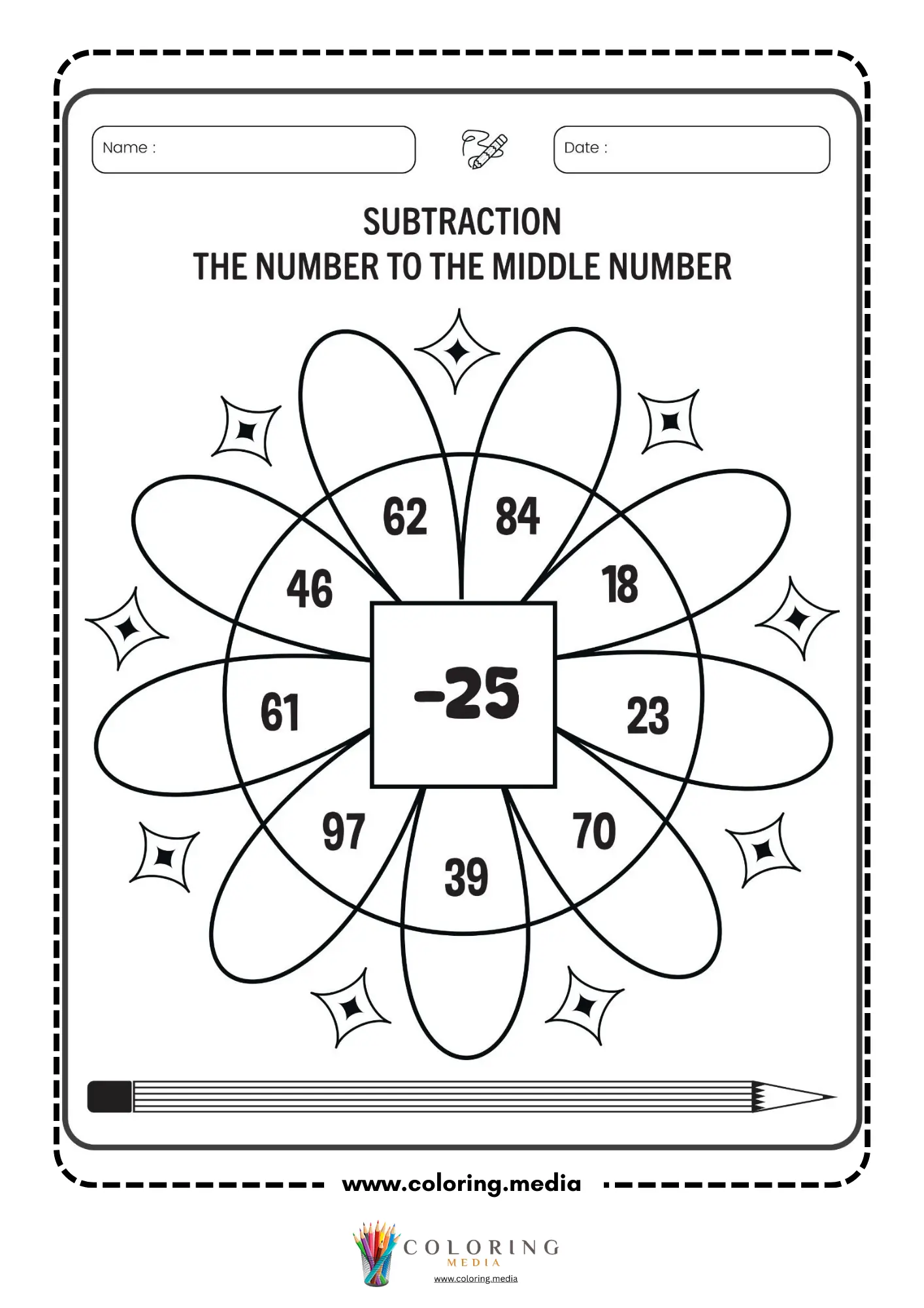Subtraction flower worksheet with middle number 25 page 2