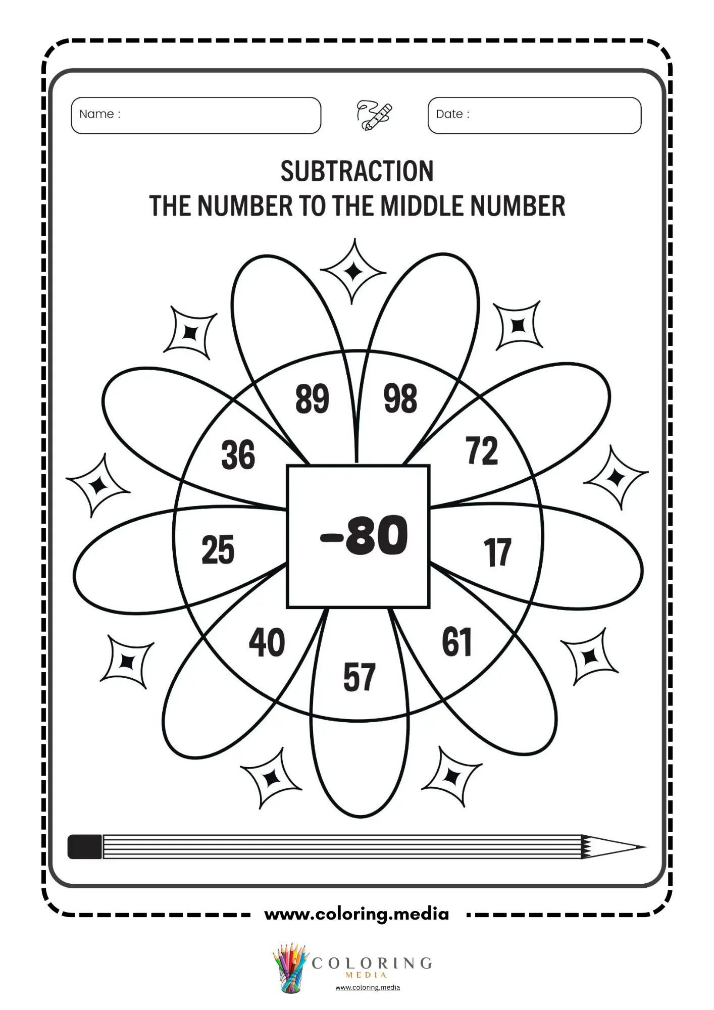 Subtraction flower worksheet with middle number 80