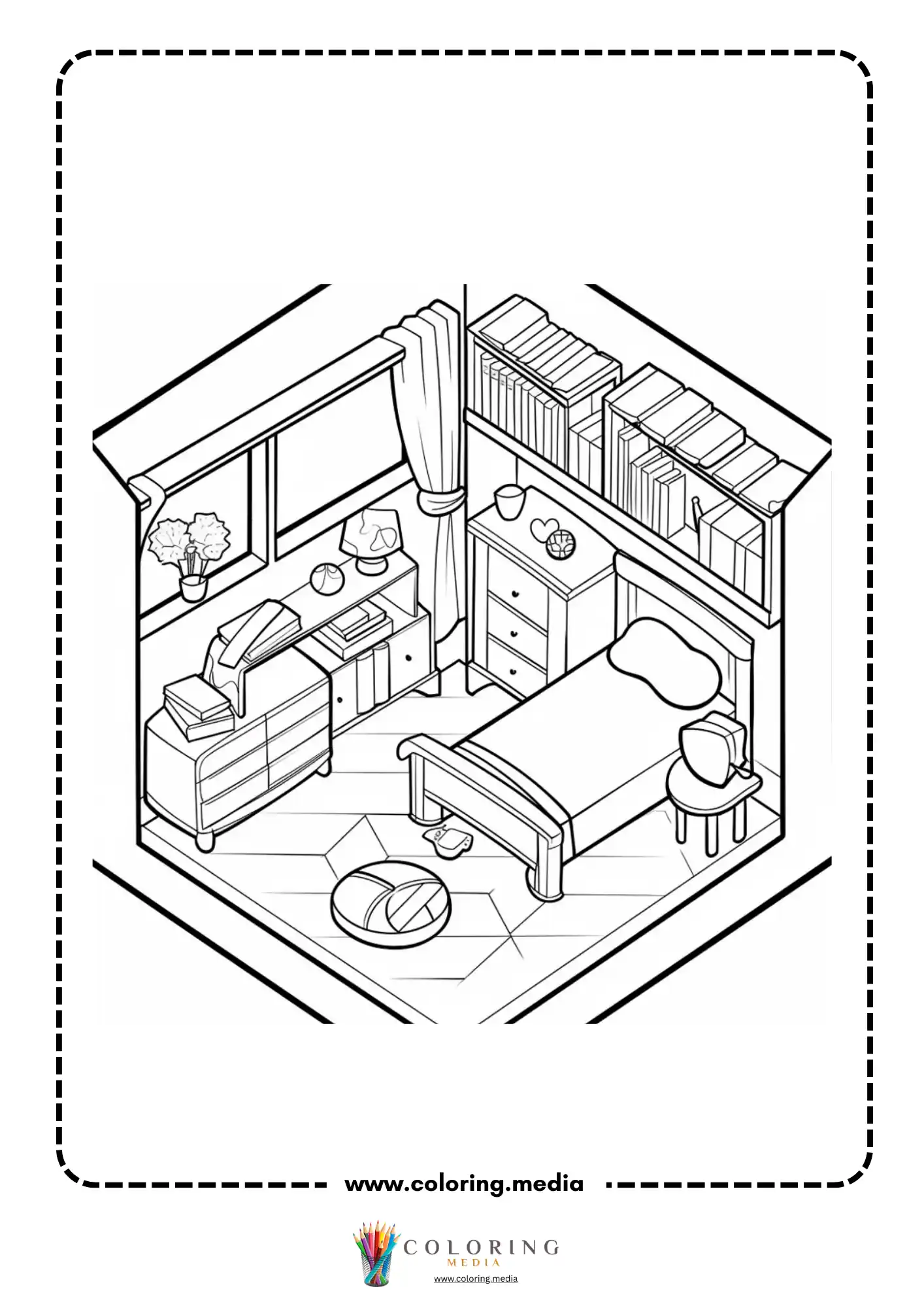 Pocket bedrooms coloring page with small bedroom furniture books and plants