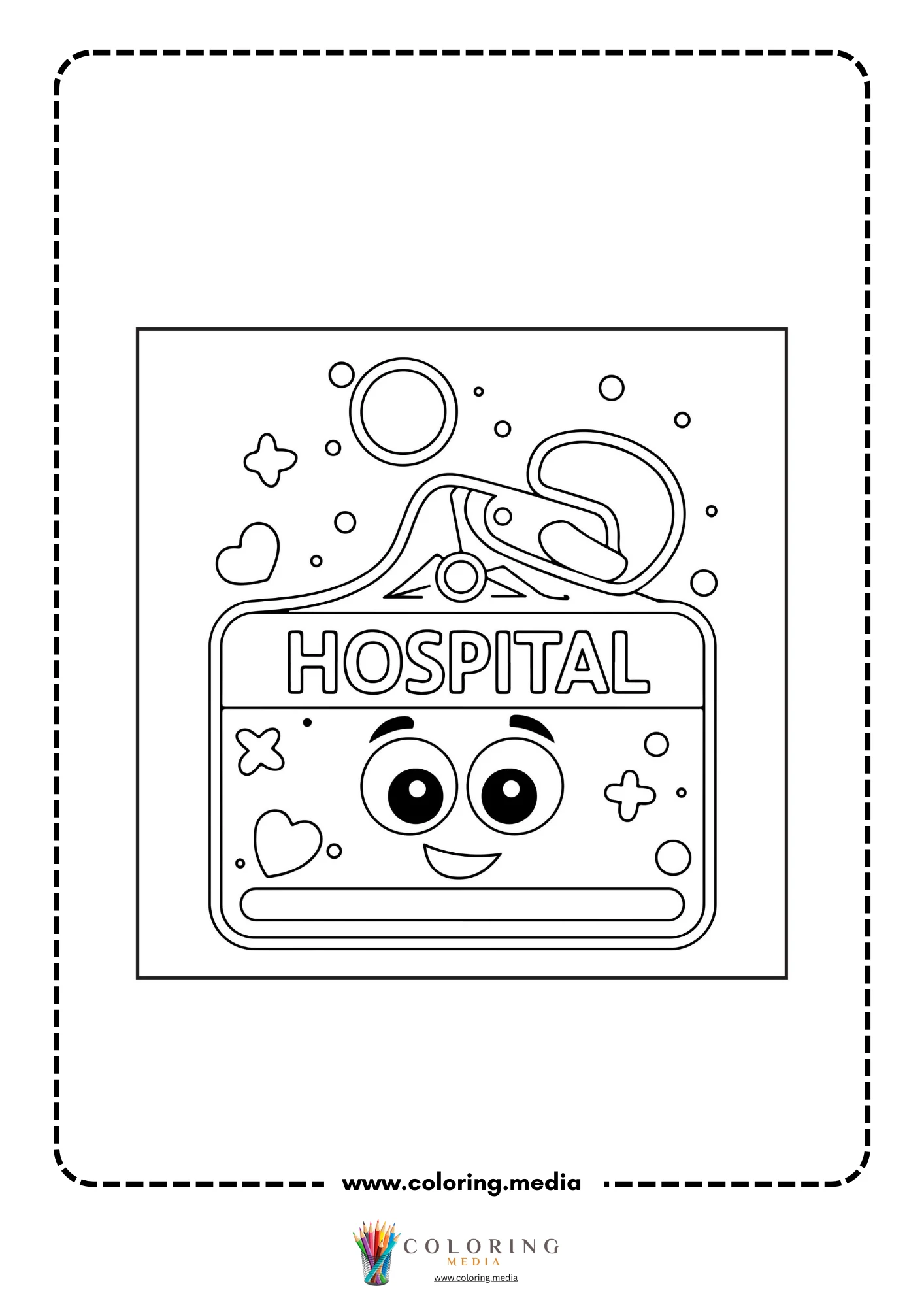 Medical coloring page with doctor talking to a child patient