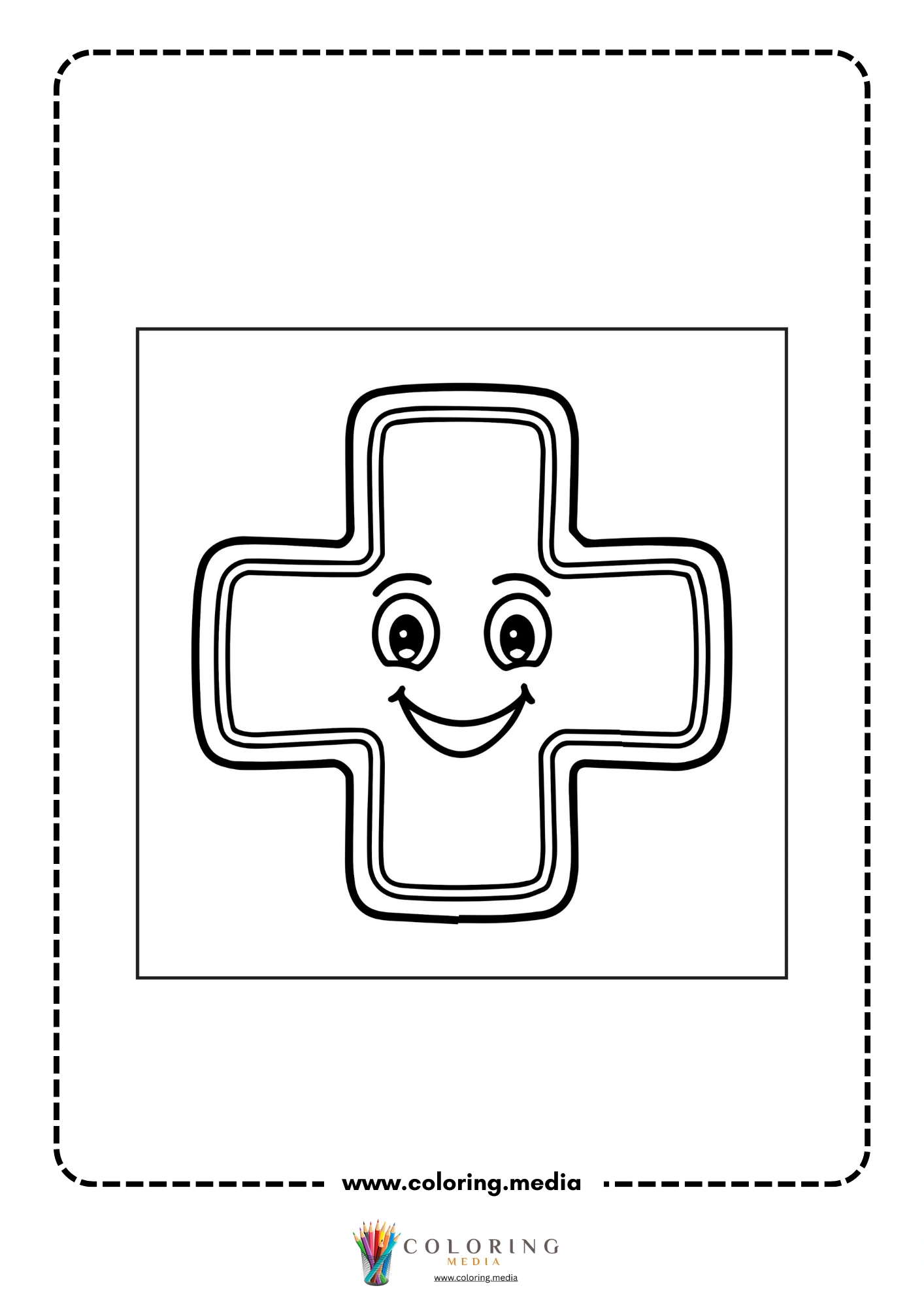 Medical coloring page with hospital building and cross sign