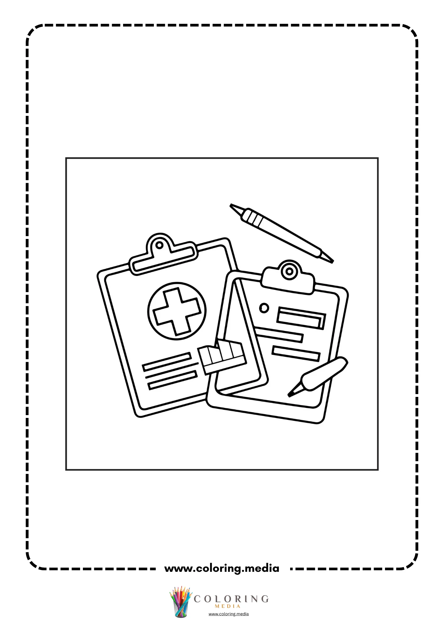 Medical coloring page with clipboards pencil and medical cross forms