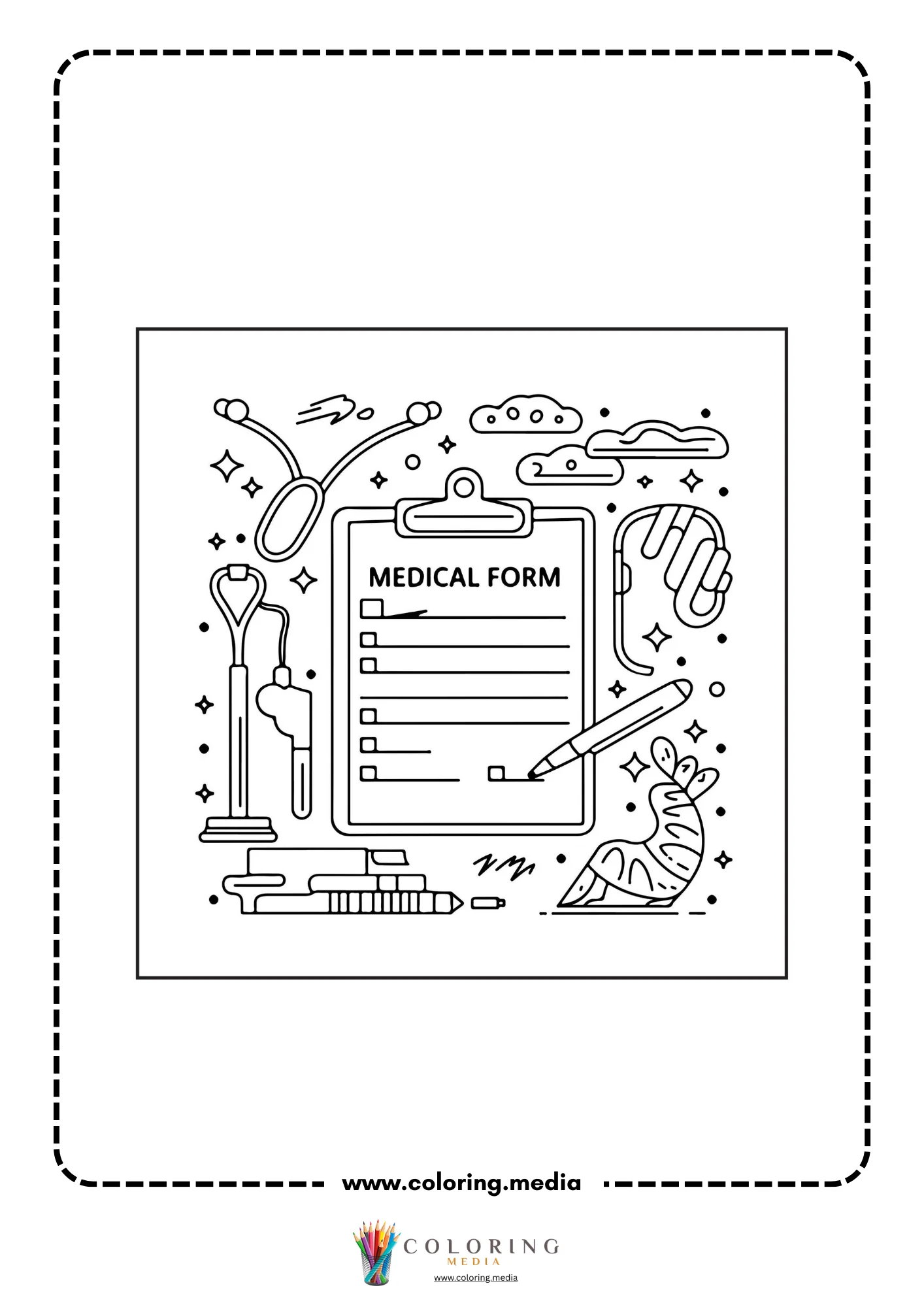 Medical coloring page with doctor checking a patient