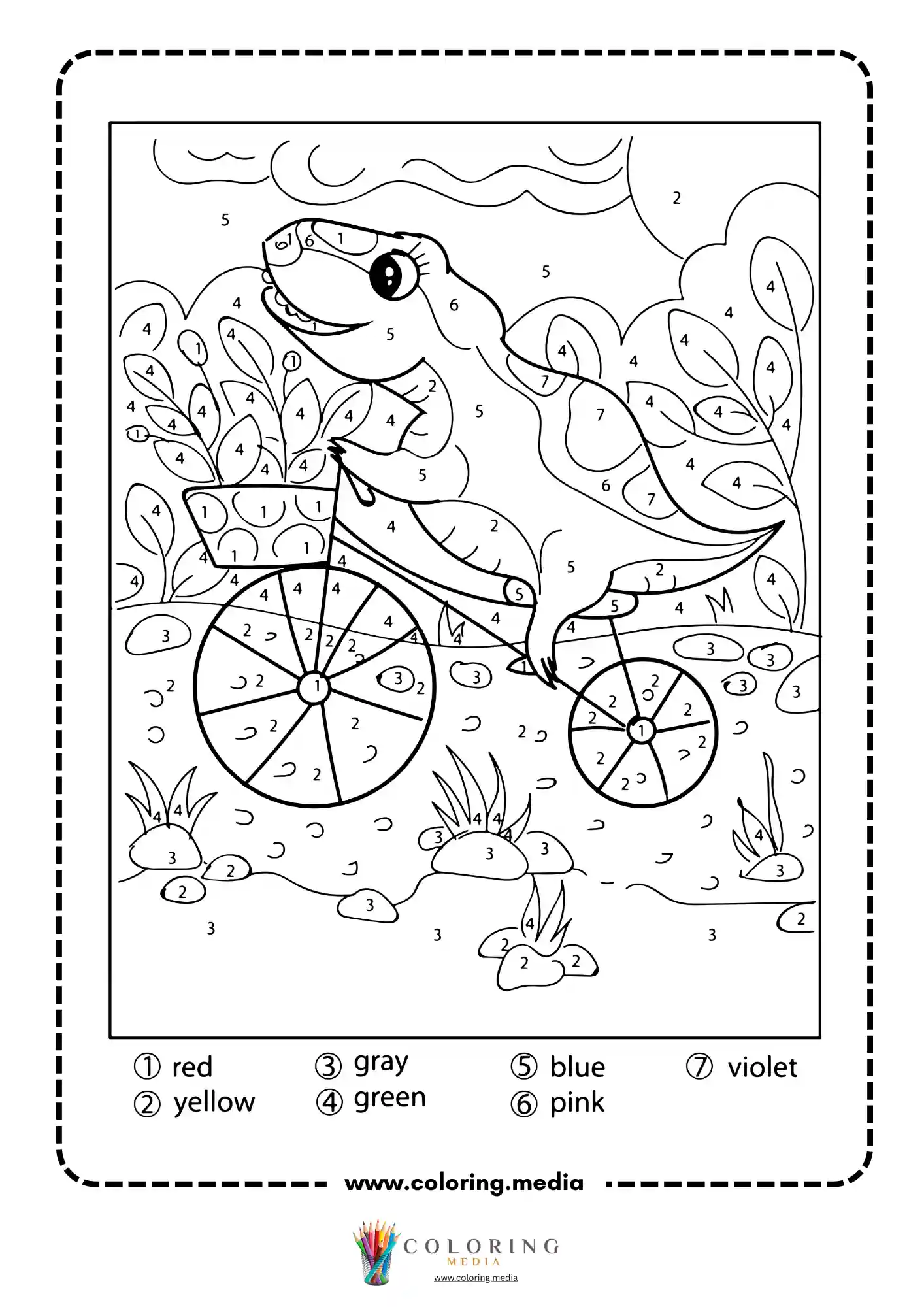 Color by number cartoon dinosaur riding a bicycle through plants