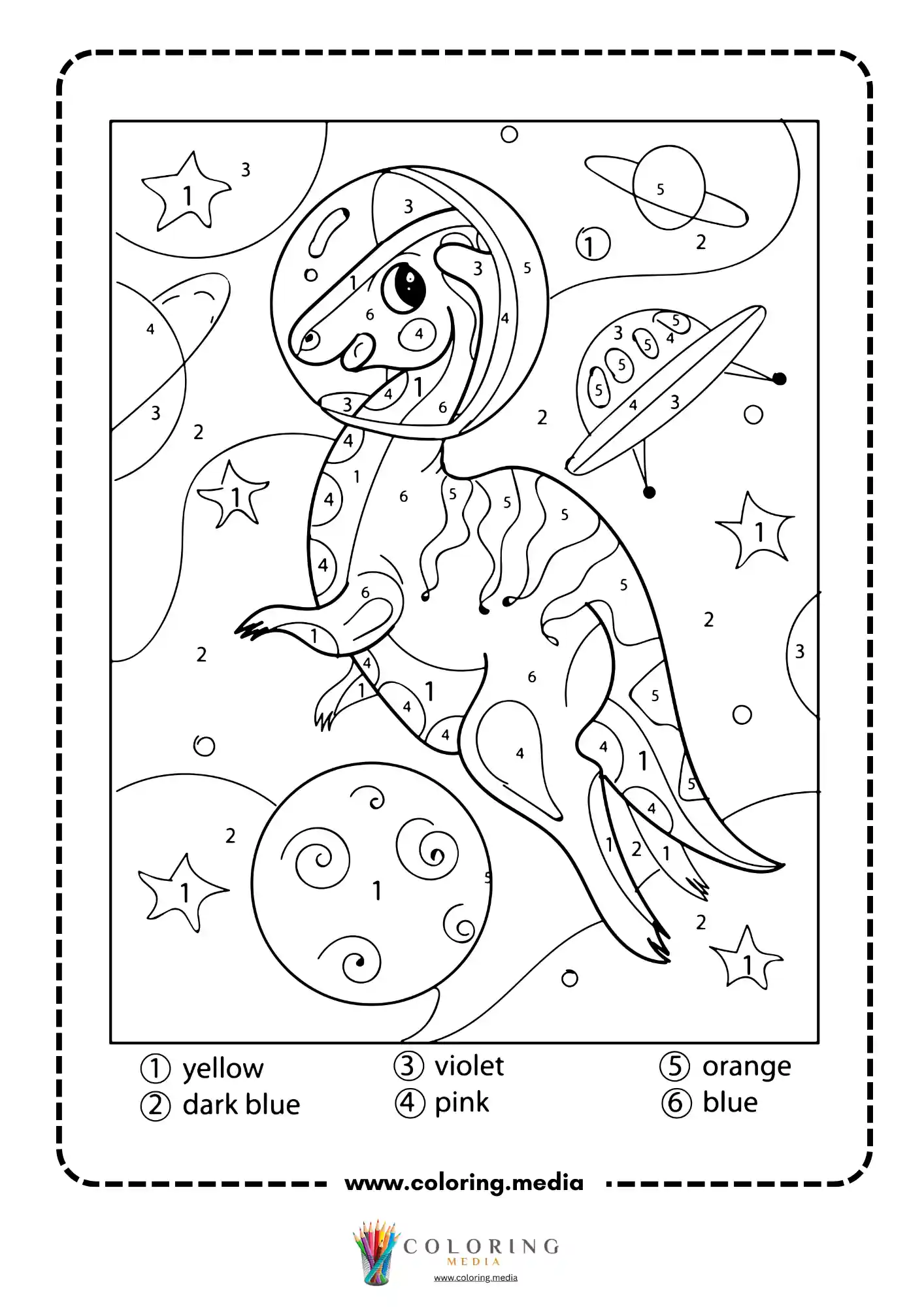 Color by number dinosaur astronaut in space helmet among stars and planets