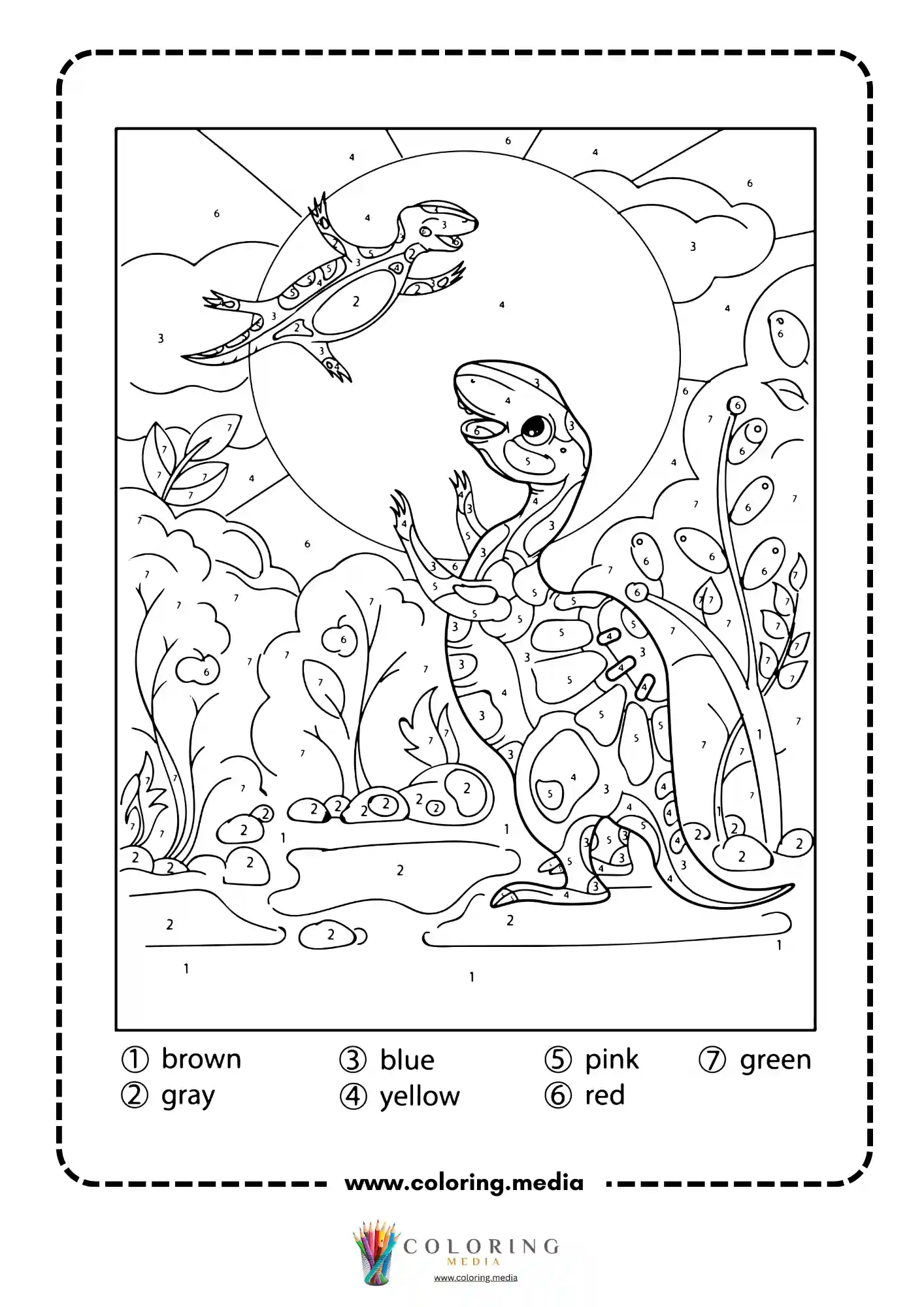 Color by number T-rex standing with pterodactyl flying above under sun