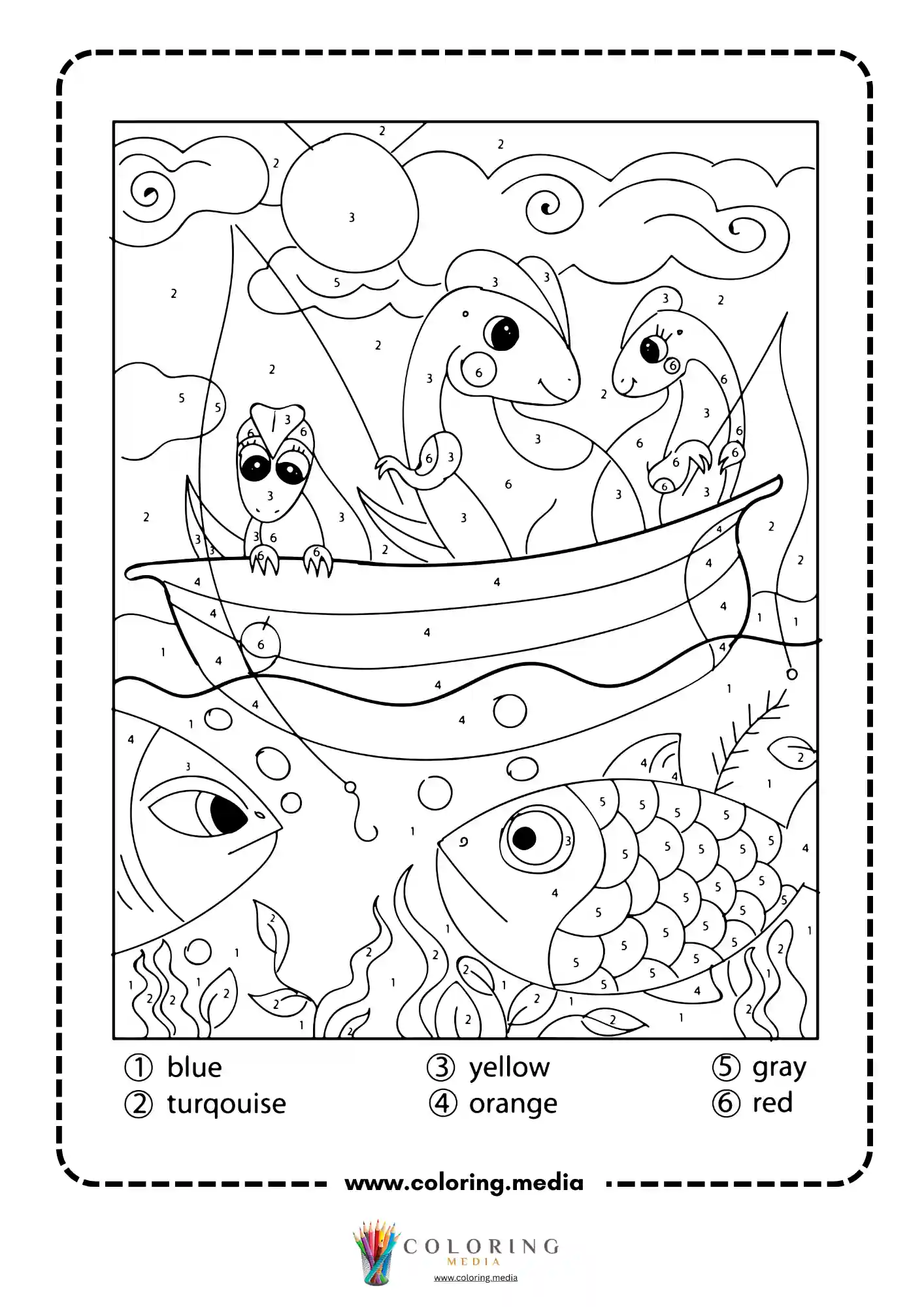 Color by number two dinosaurs fishing from boat with giant fish below