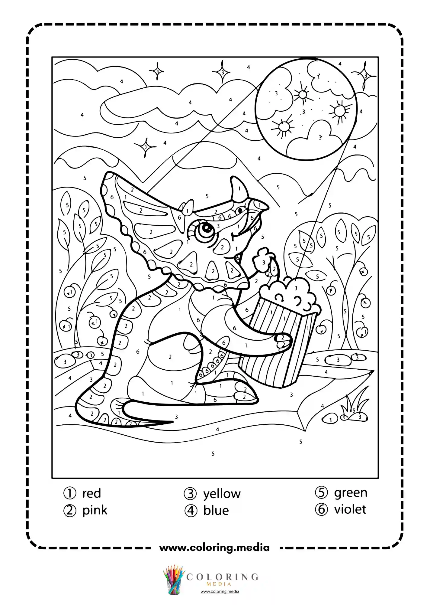 Color by number cute dinosaur sitting under night sky holding cupcake