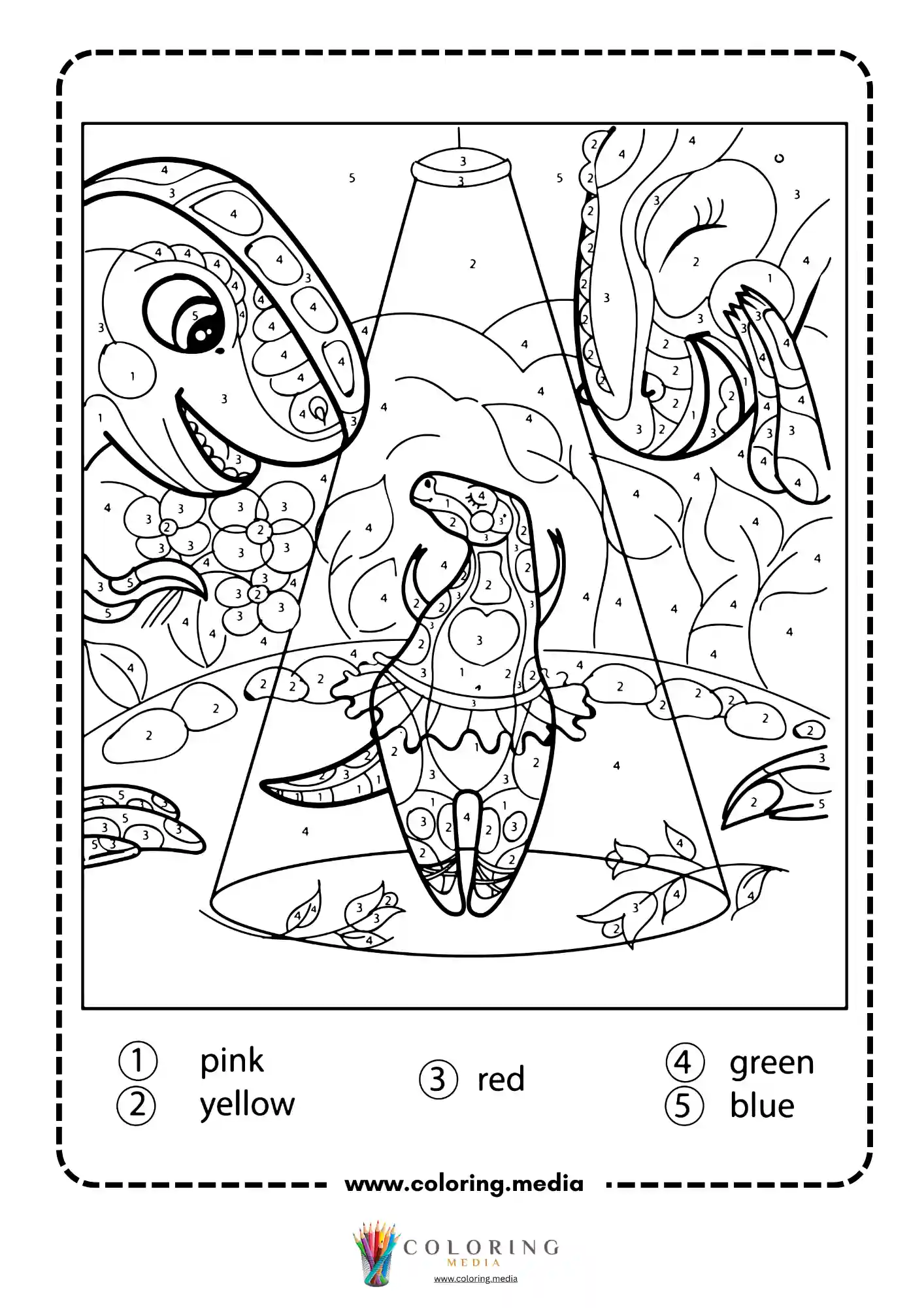 Color by number dinosaur in spotlight with smaller dino dancing below