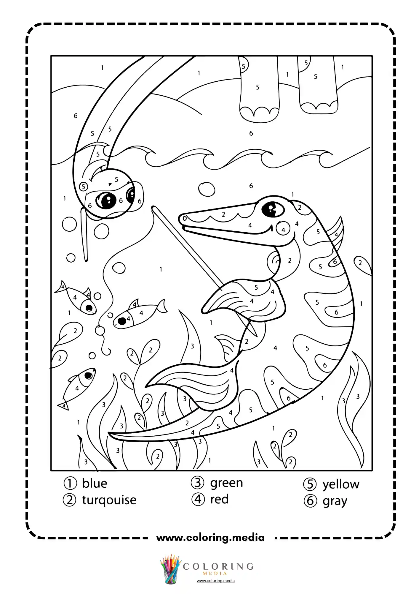 Color by number mosasaurus swimming underwater with fish and narwhal