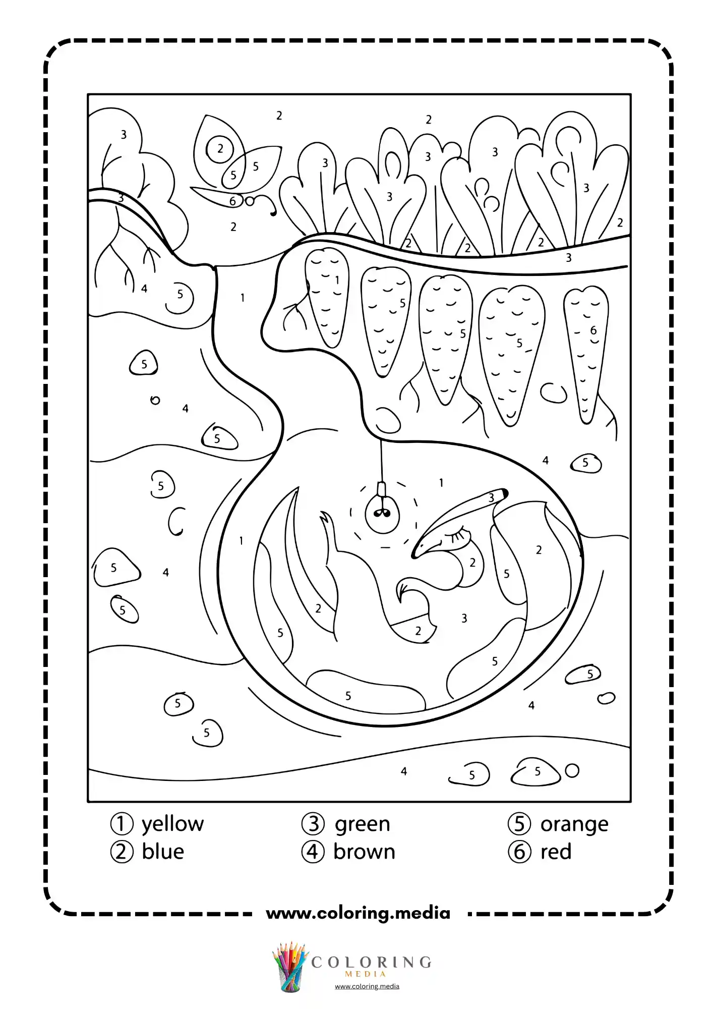 Color by number baby dinosaur hatching from egg in nest with plants