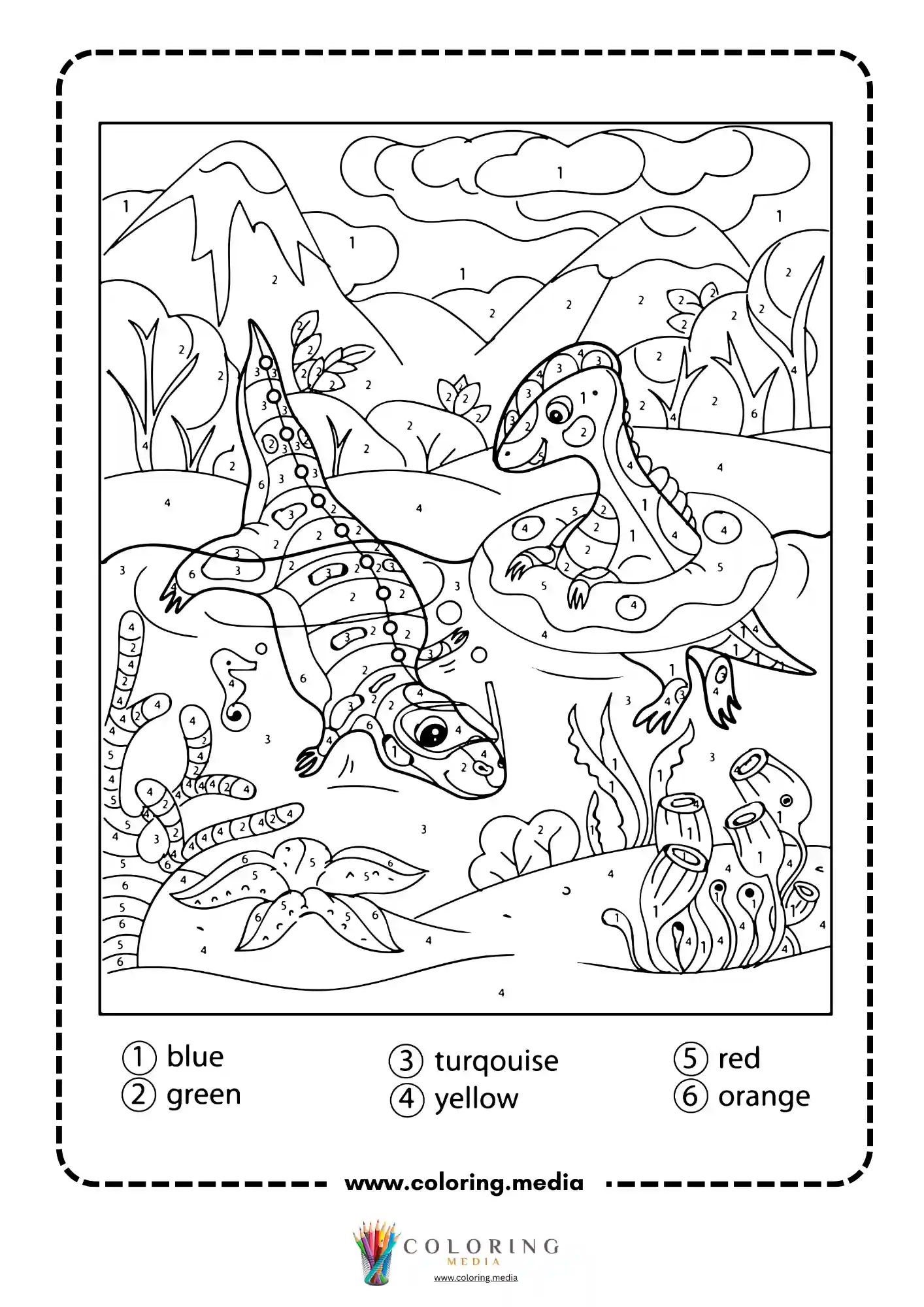Color by number two plesiosaurs playing near rocks and underwater plants