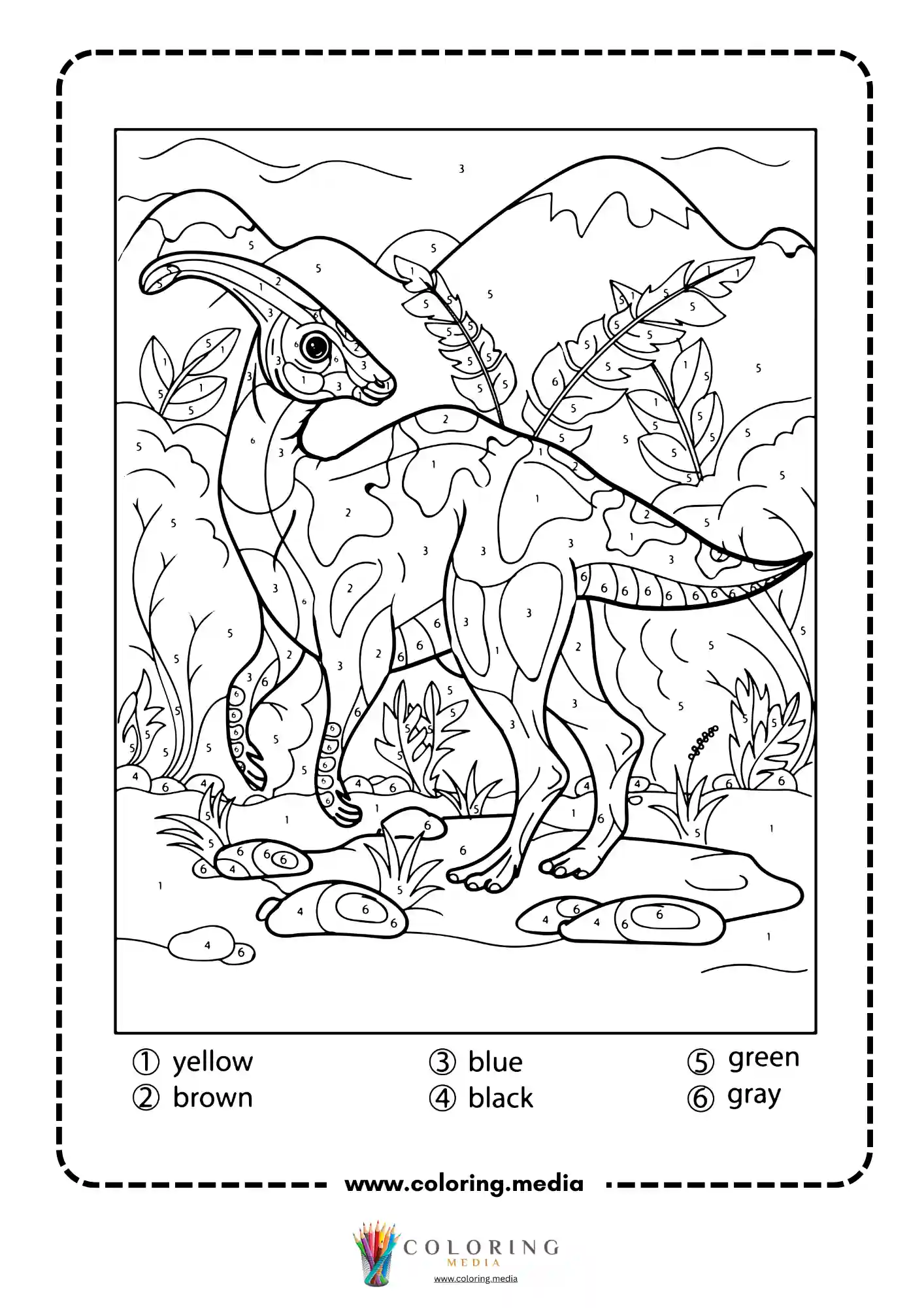 Color by number parasaurolophus standing in prehistoric forest