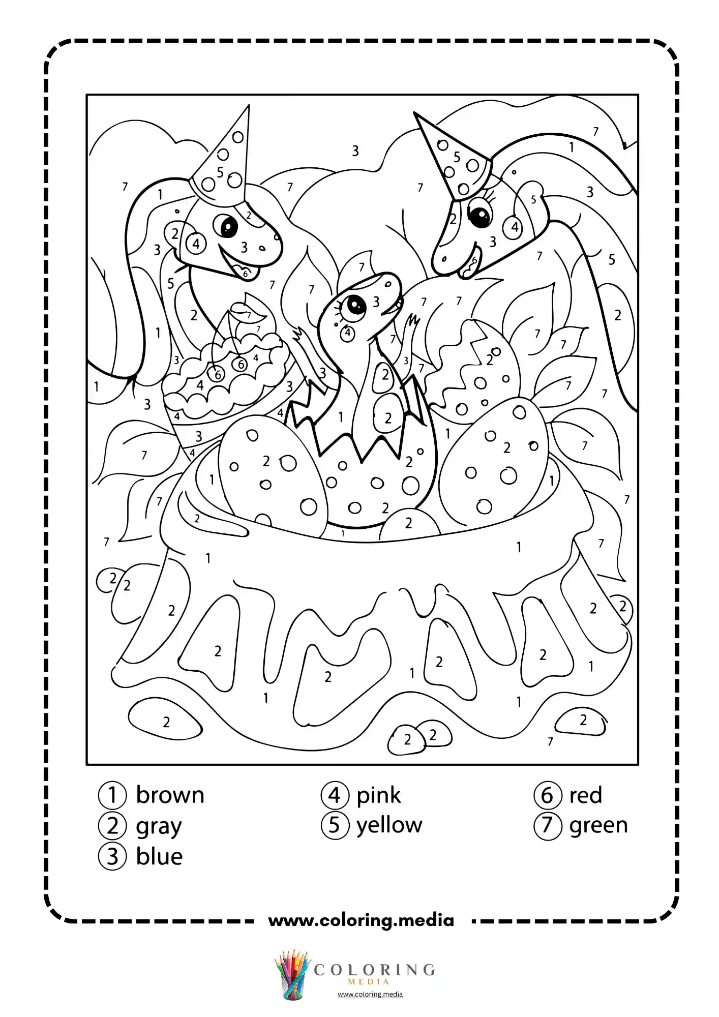 Color by number three baby dinosaurs hatching from eggs in party hats