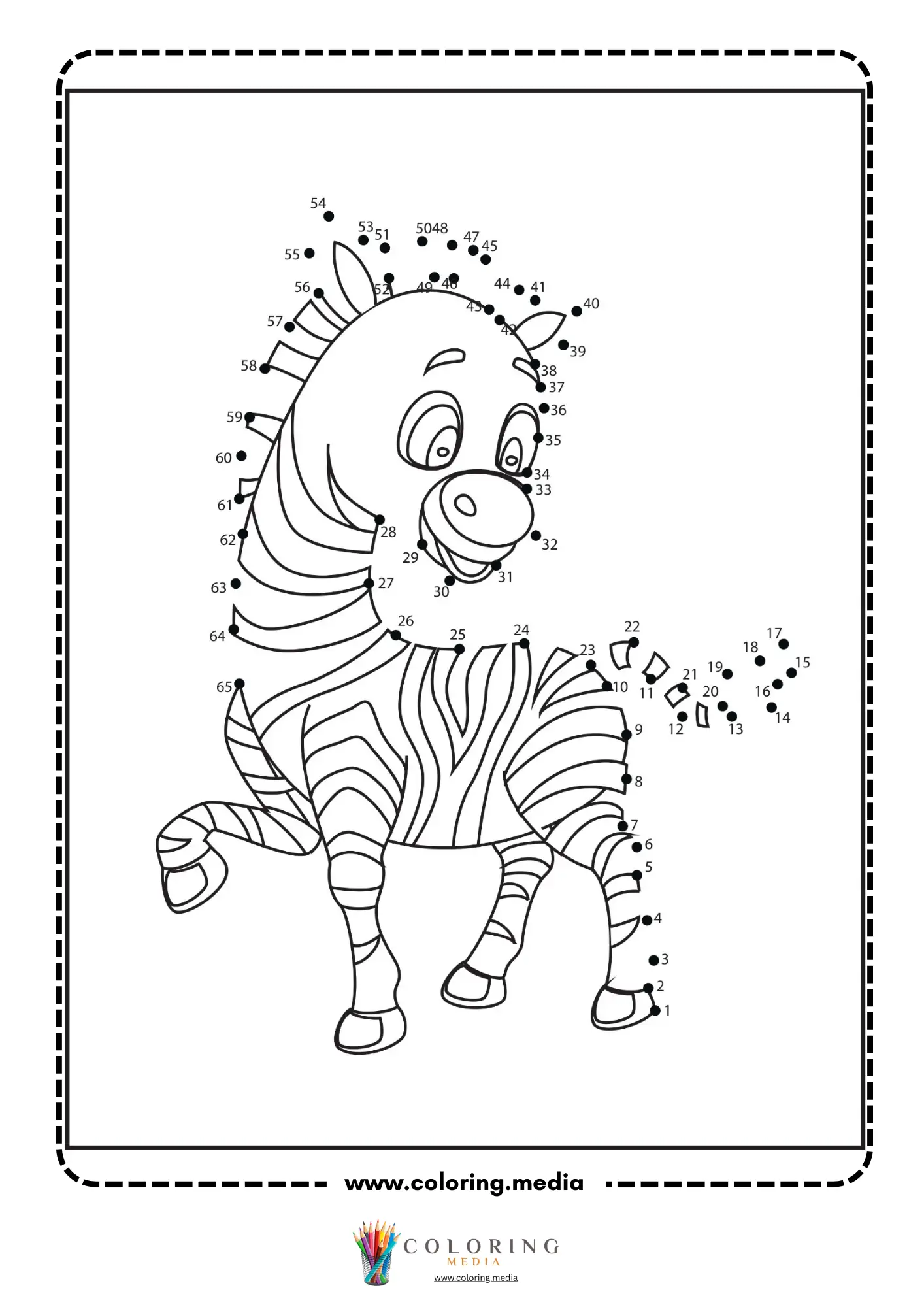 Dot-to-dot zebra standing with bold black stripes