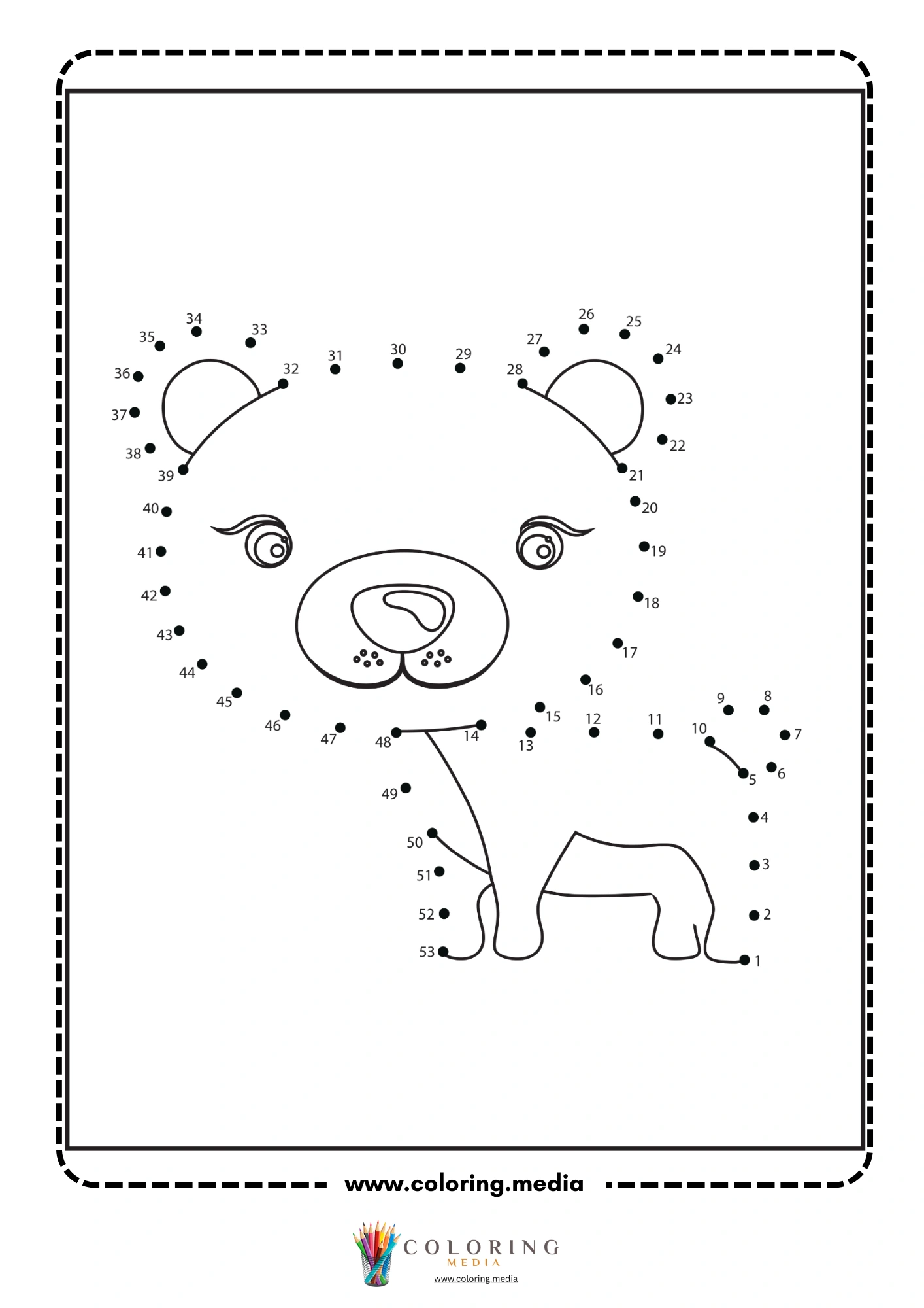 Dot-to-dot dog face close-up with large round muzzle