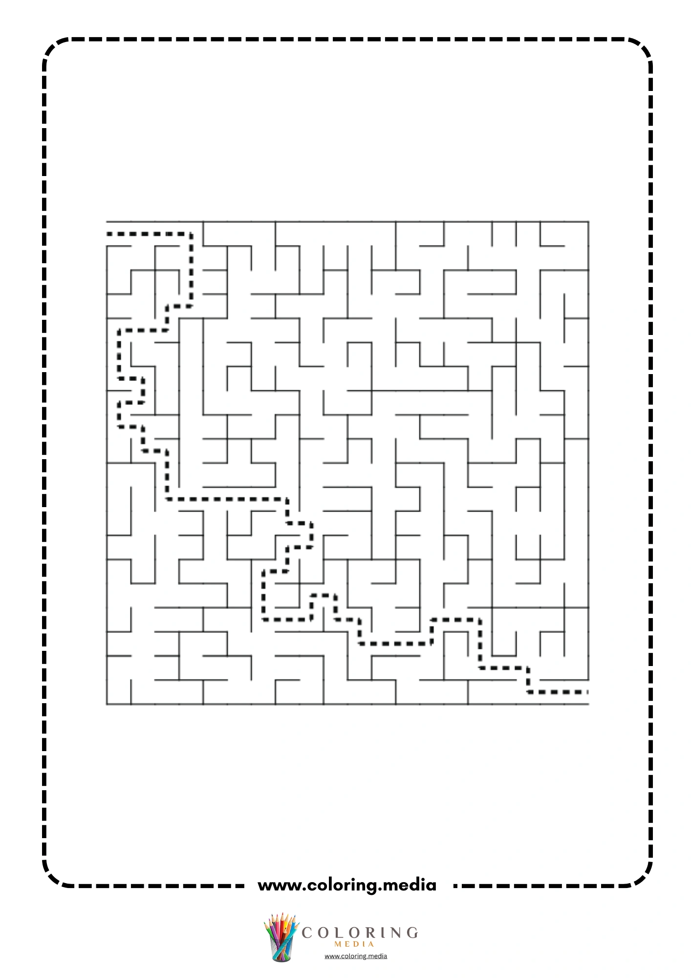 Solved square maze activity page with dashed path