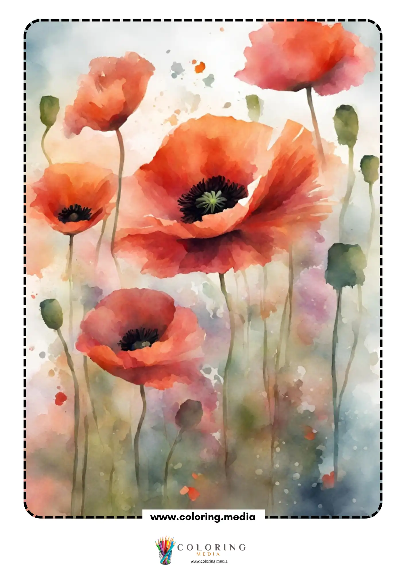 Reverse poppy flower coloring page with painted poppies and gentle colors