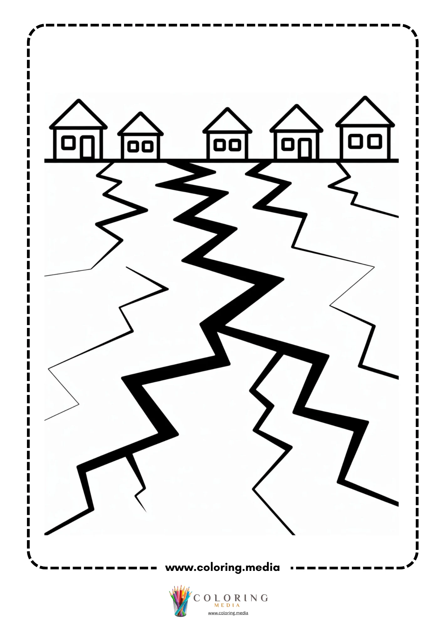 Earthquake coloring page with cracked ground and houses